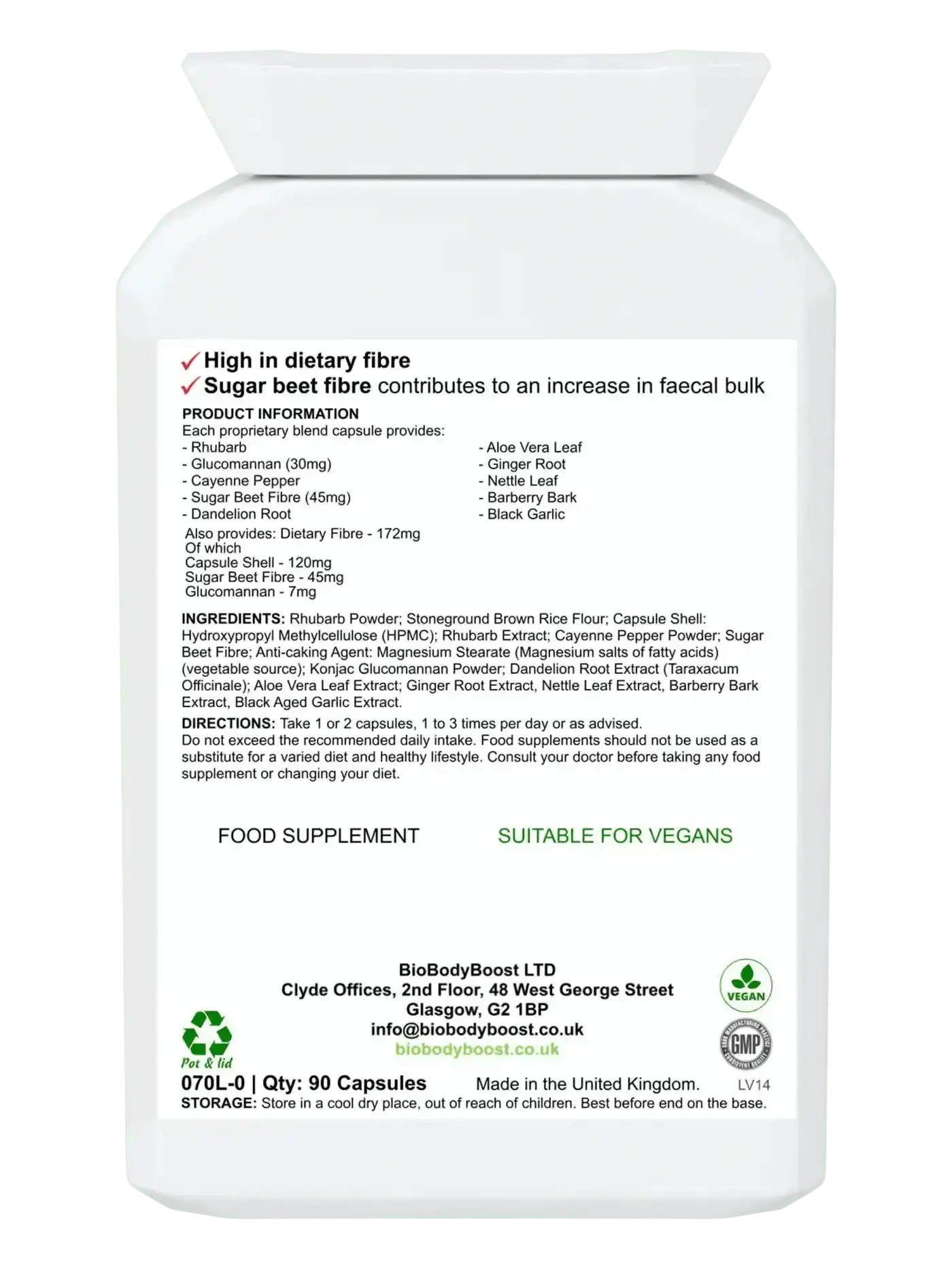 BioBlast 90 vegan digestive capsules UK — rhubarb root and senna leaf botanical formula, back label with ingredients