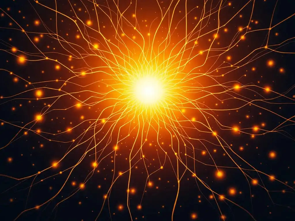 Abstract illustration of glowing neural connections representing mental clarity and natural focus, featuring dynamic energy patterns in warm orange and golden tones
