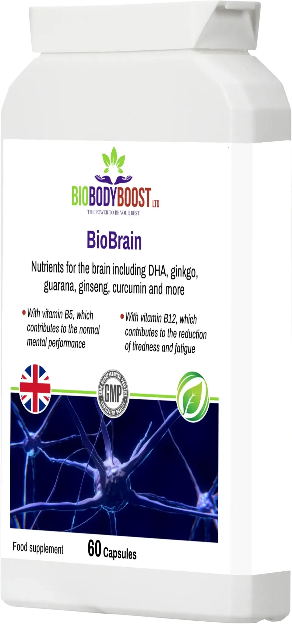 BioBodyBoost BioBrain 60 capsules bottle, left side view