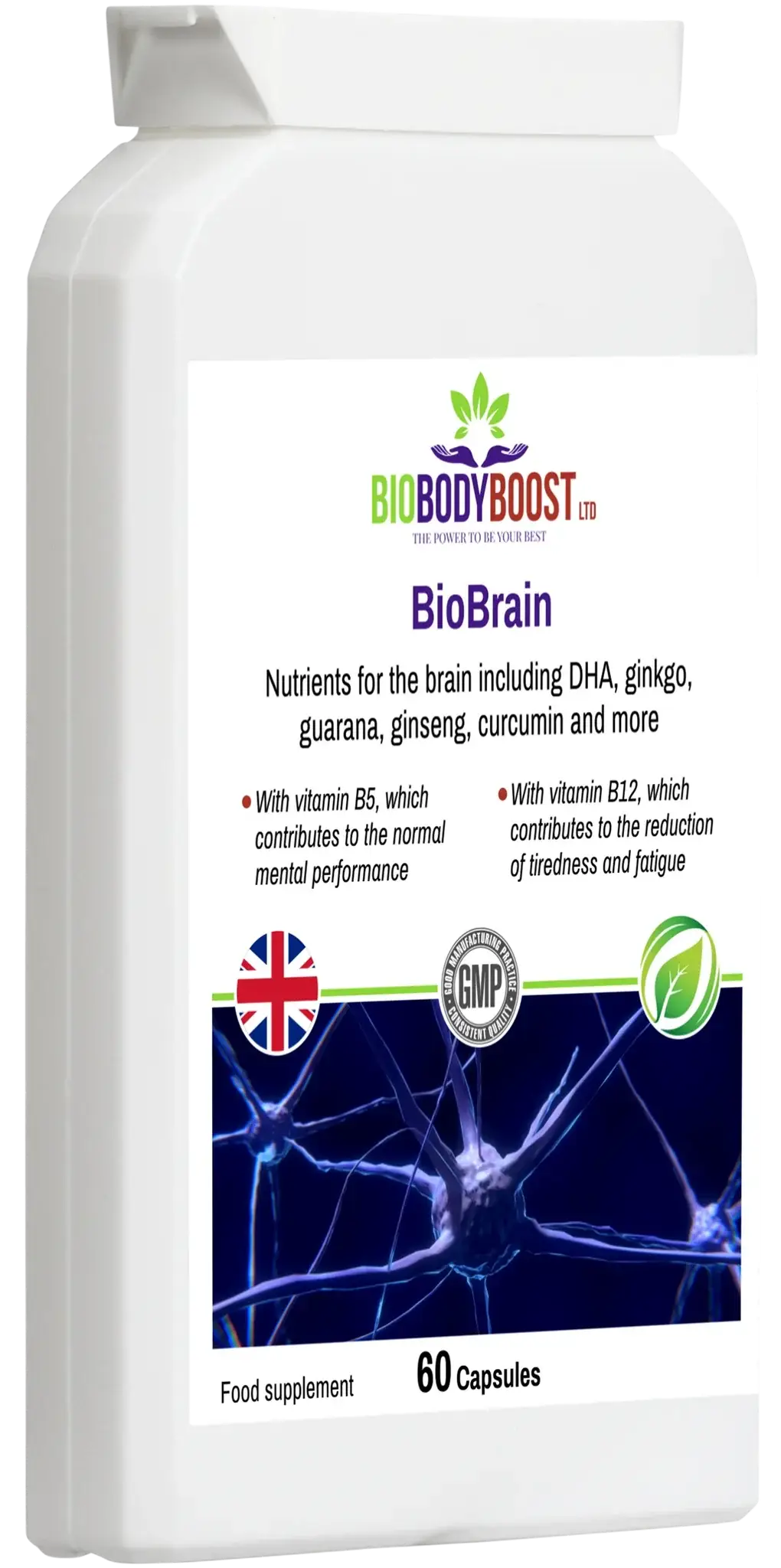 BioBodyBoost BioBrain 60 capsules bottle, right side view