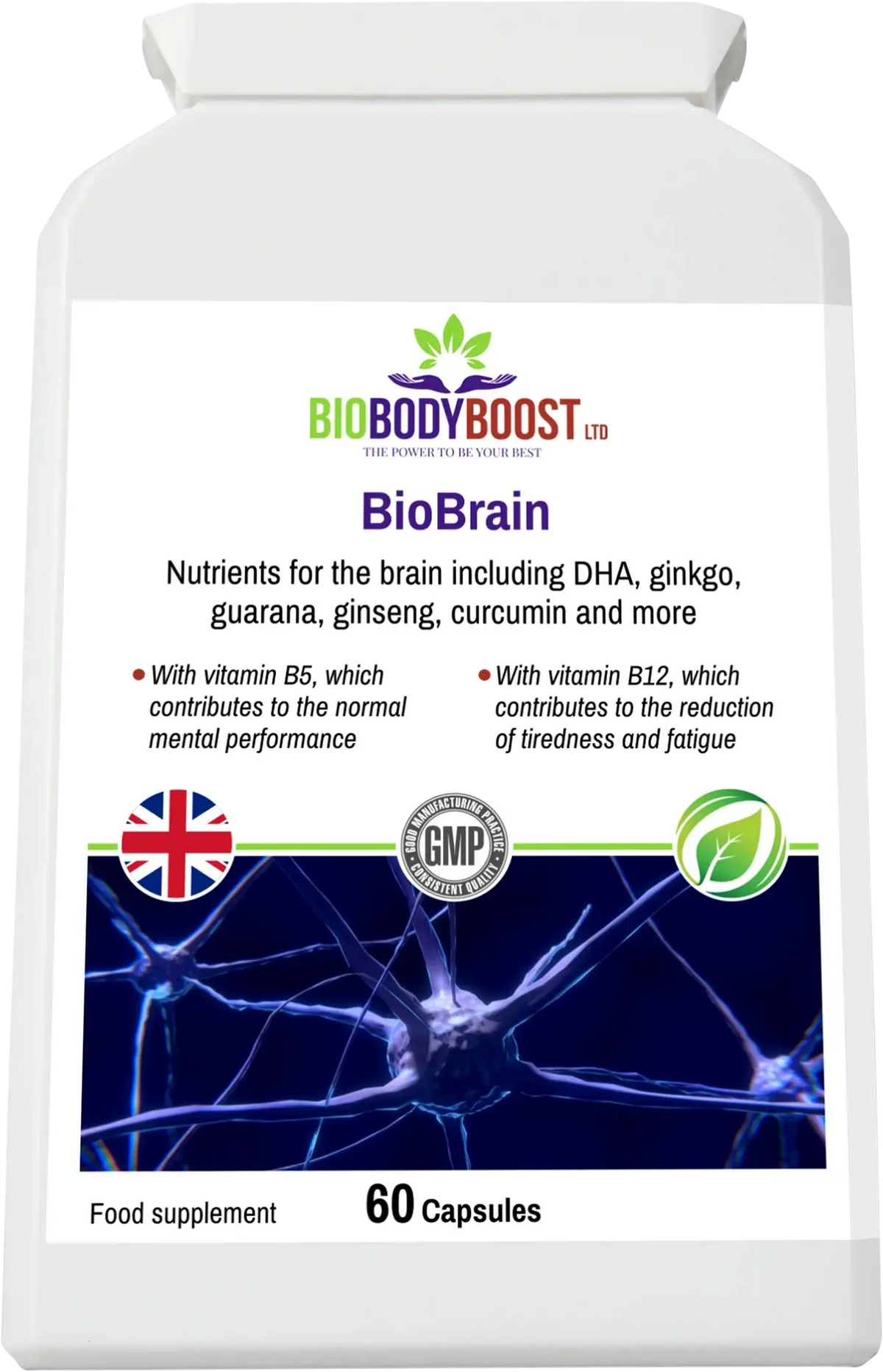 BioBrain brain nutrient supplement 60 capsules with vitamins B5 and B12 by BioBodyBoost