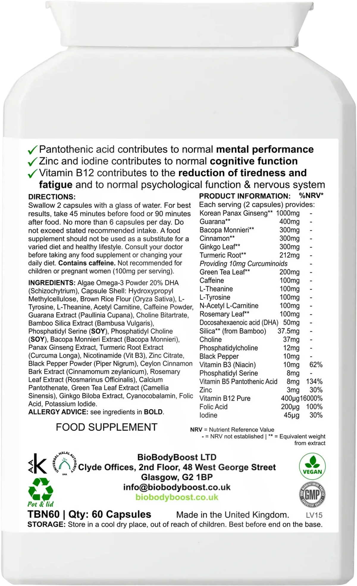 BioBrain back label with directions, full ingredients, per-serving amounts and NRV values, vegan and halal approved
