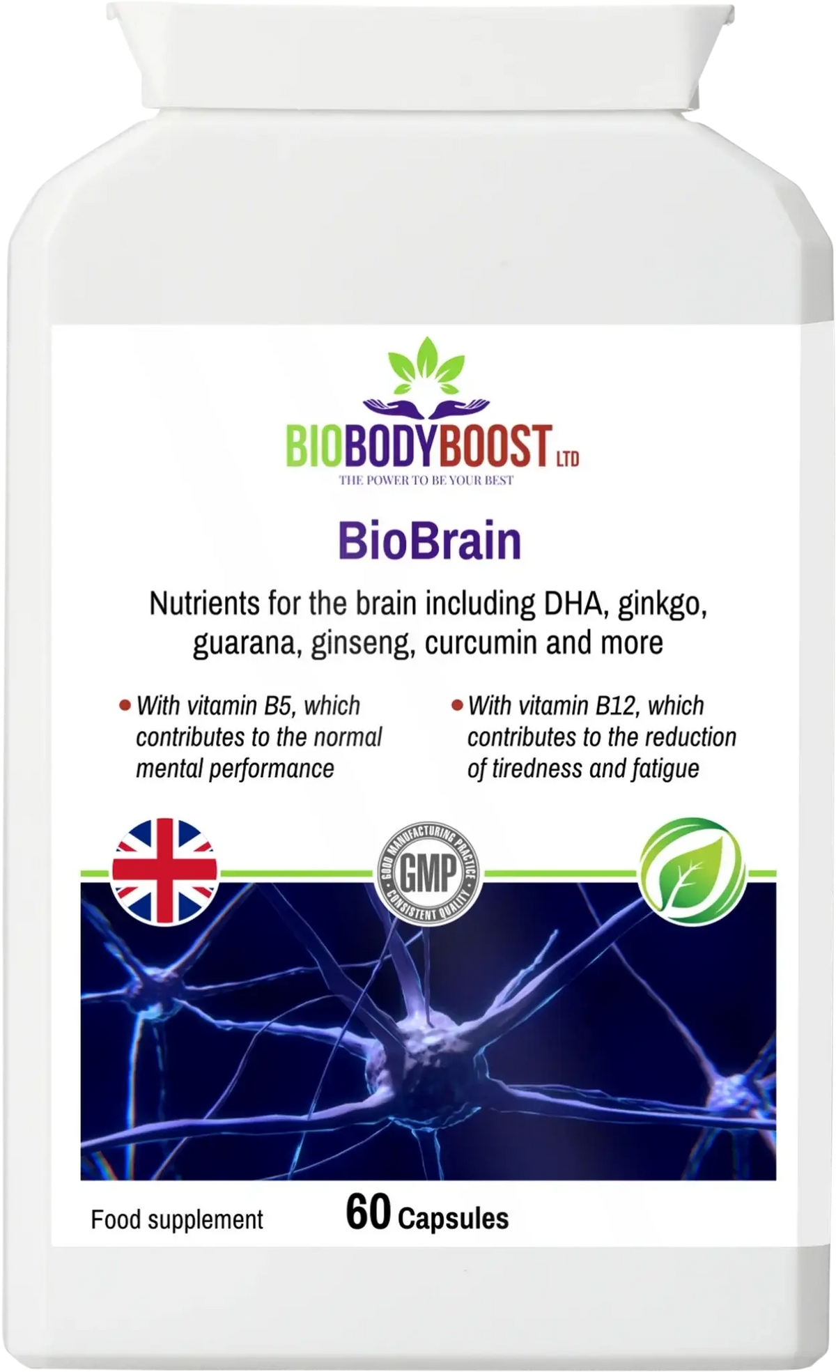 BioBodyBoost BioBrain 60 vegan capsules with DHA, ginkgo, guarana, ginseng and curcumin, front of bottle