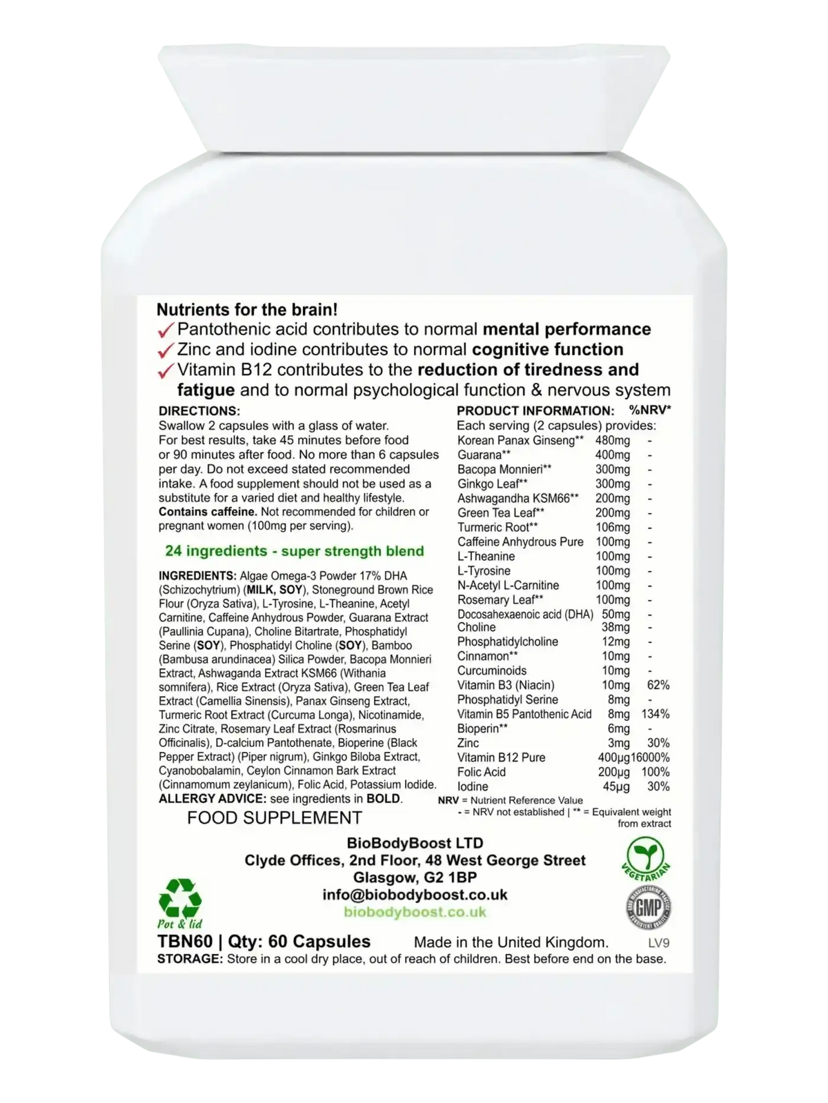 BioBrain 60 vegan cognitive capsules UK — L-theanine guarana and ashwagandha formula, back label with ingredients