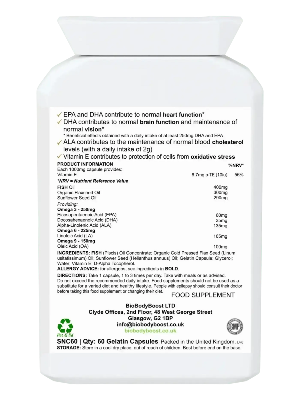 OmegaBalance 60 omega softgel capsules UK — EPA and DHA fish oil with flaxseed and sunflower oil, back label