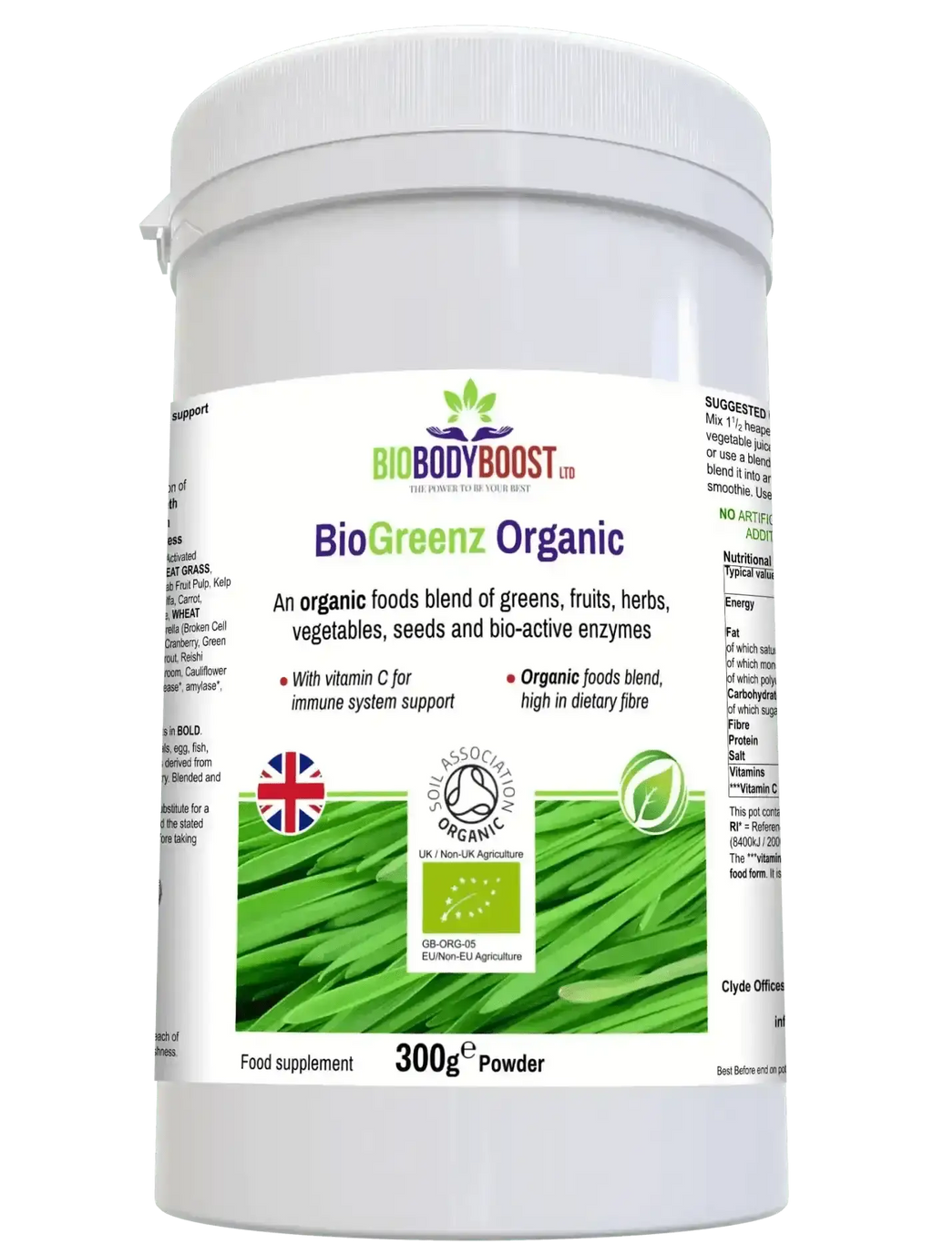 BioGreenz organic greens powder lifestyle shot UK — BioBodyBoost 35-ingredient adaptogen superfood shake, 20 servings