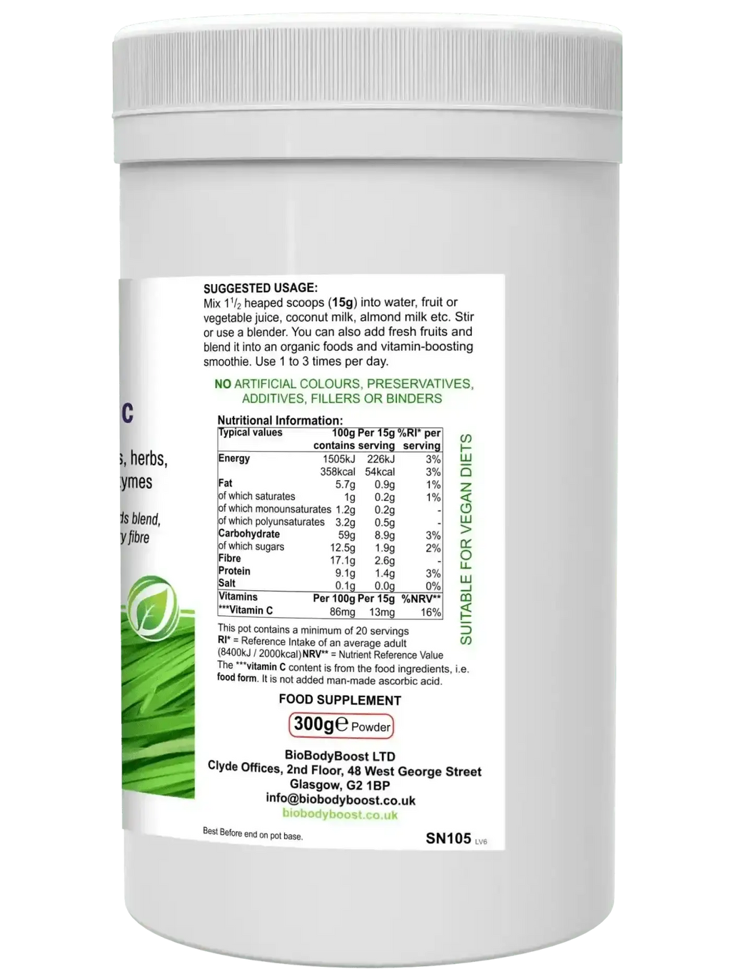 BioGreenz 300g organic greens shake UK — spirulina chlorella maca and reishi formula, back label with ingredients
