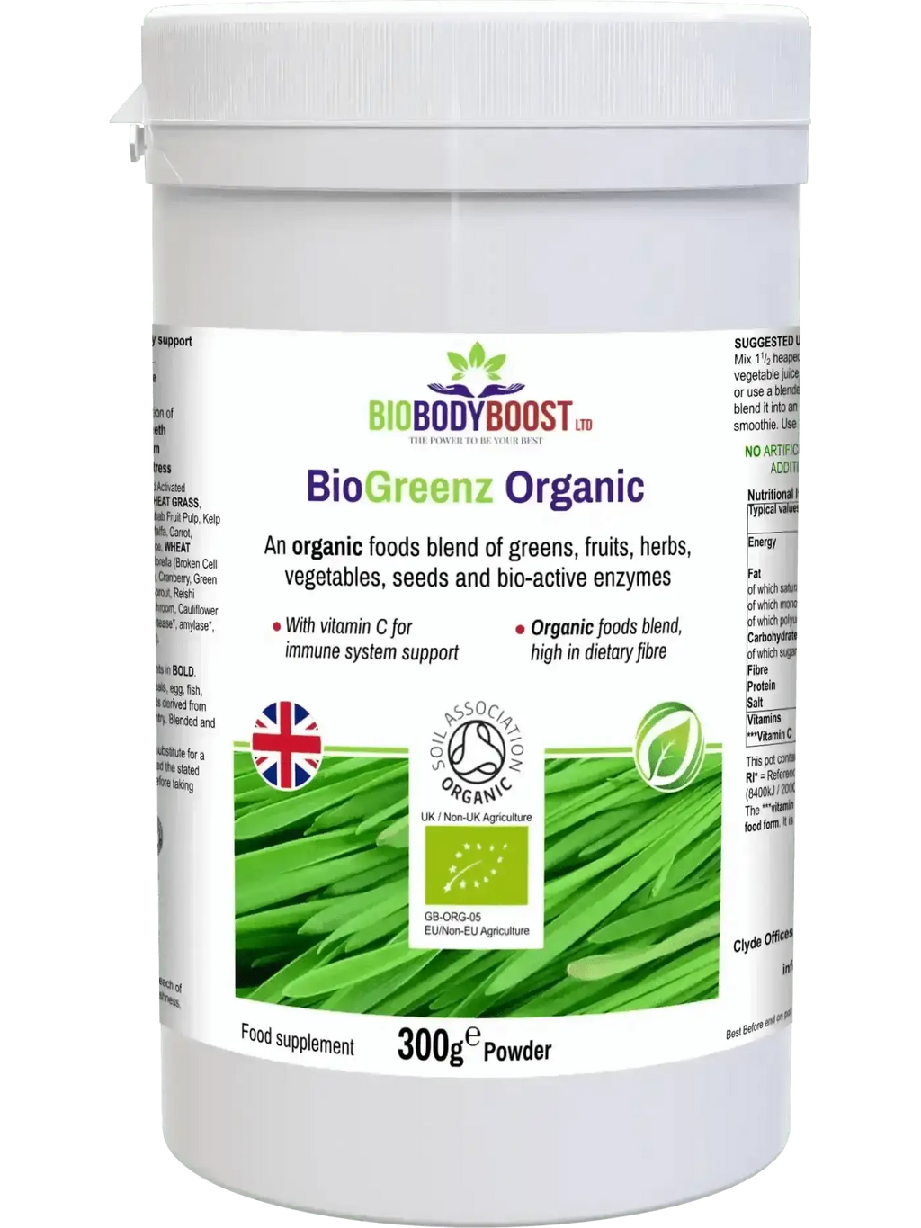 BioGreenz organic greens powder UK — 35+ superfoods with adaptogens and digestive enzymes by BioBodyBoost, front of bag
