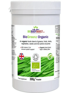 BioGreenz organic greens powder UK — 35+ superfoods with adaptogens and digestive enzymes by BioBodyBoost, front of bag