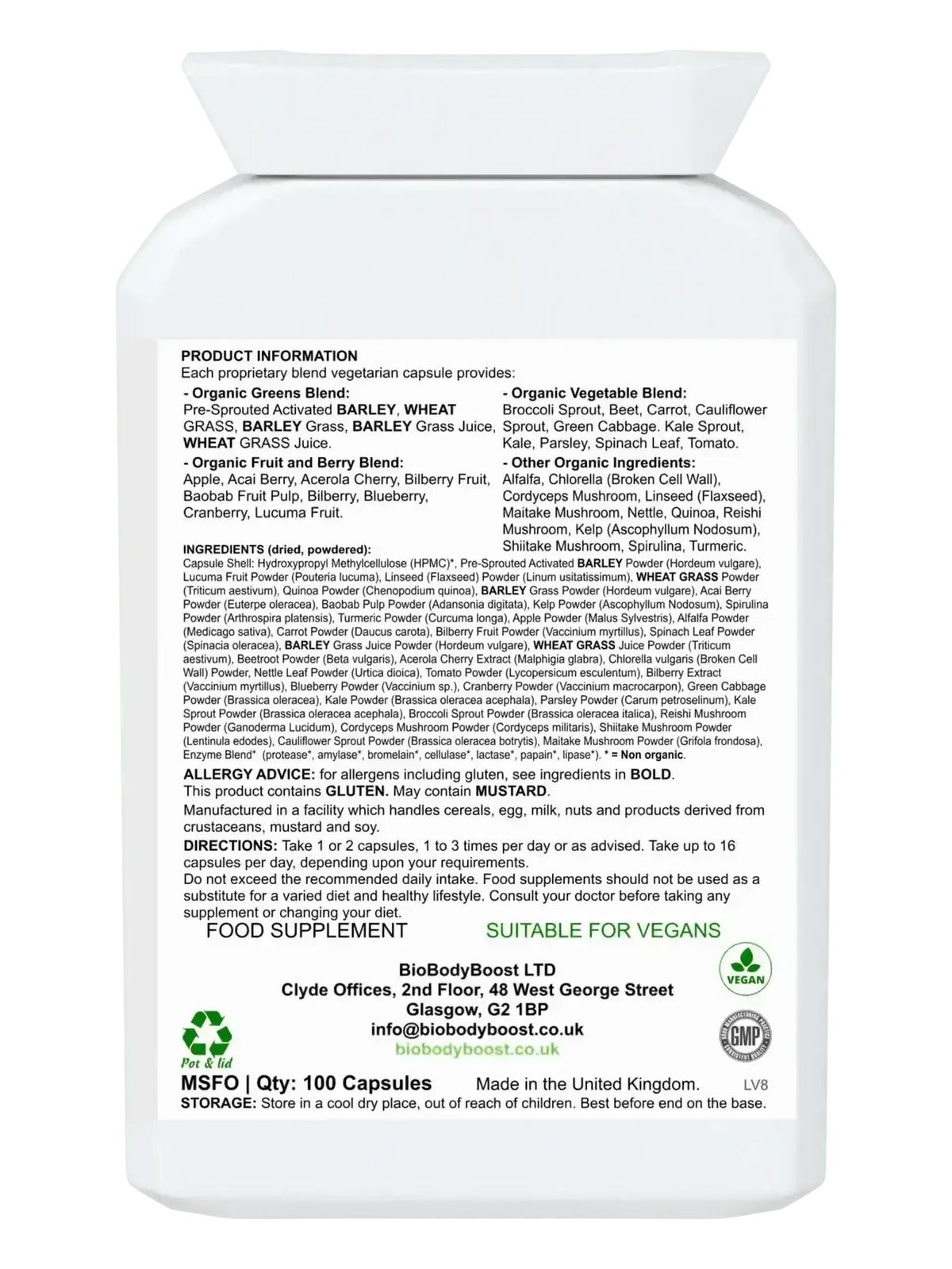 SuperBio 60 vegan greens capsules UK — spirulina chlorella and wheatgrass complex, back label with ingredients