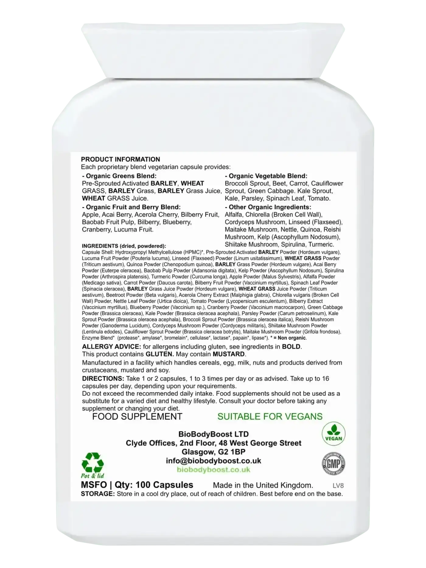 SuperBio 60 vegan greens capsules UK — spirulina chlorella and wheatgrass complex, back label with ingredients