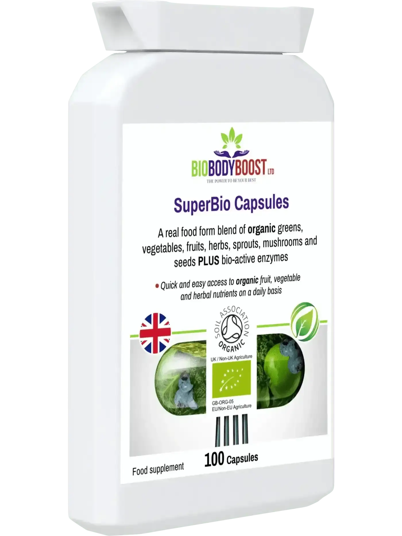 BioBodyBoost SuperBio greens capsule UK — certified organic 35+ ingredients, halal approved, vegan, gluten-free