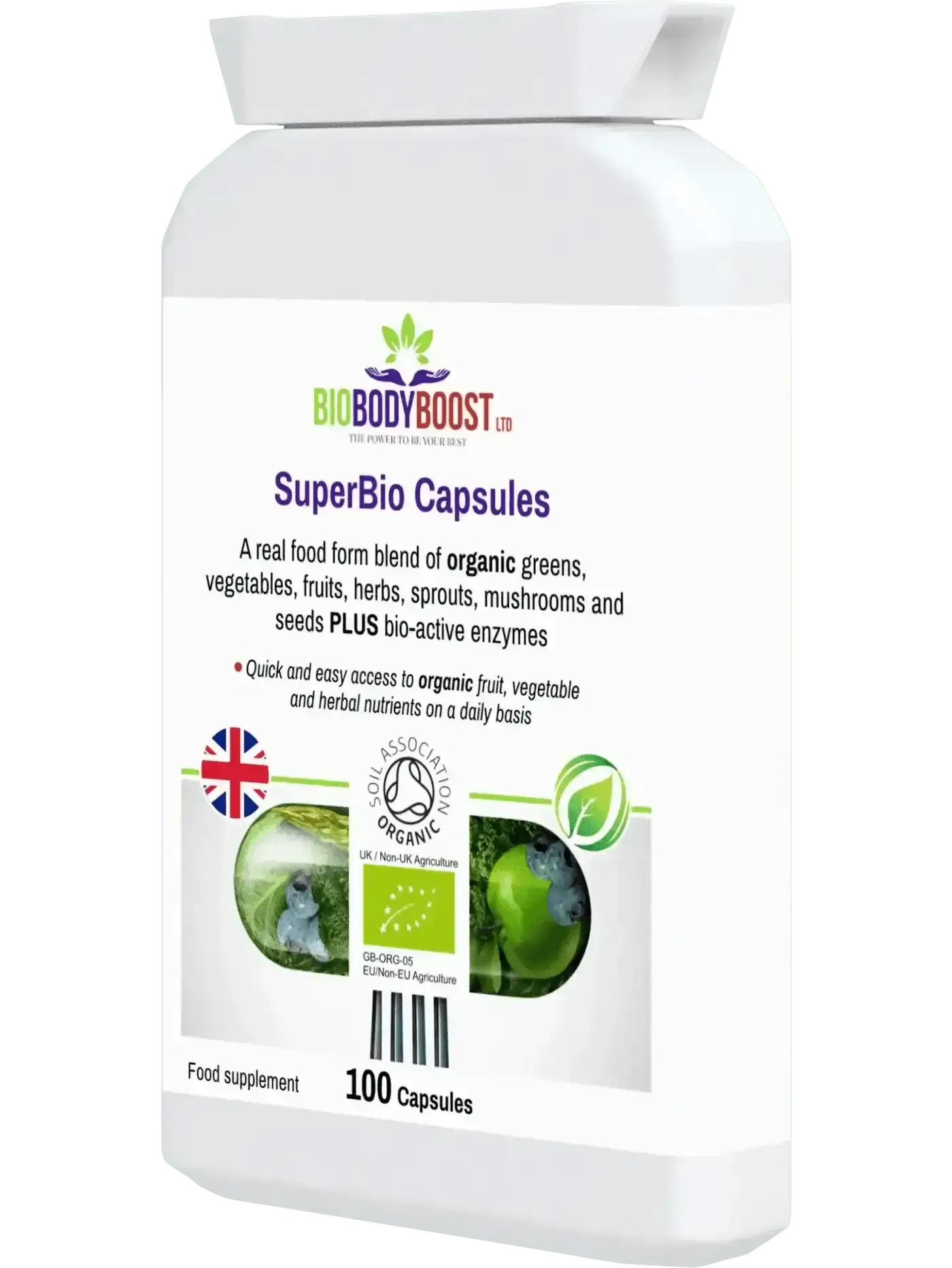 SuperBio organic superfood supplement UK — reishi lion's mane and chaga mushrooms added to greens, side view