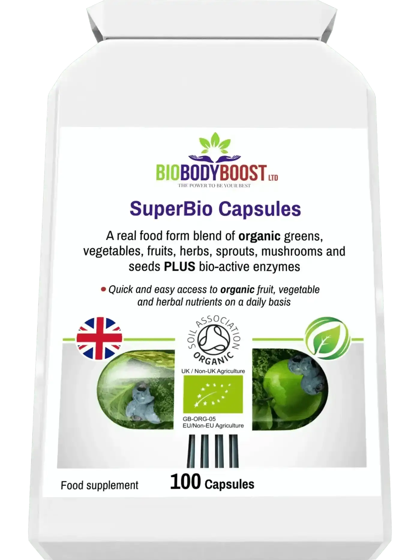 SuperBio organic superfood capsule lifestyle shot UK — BioBodyBoost whole-food greens and mushroom formula, 60 caps