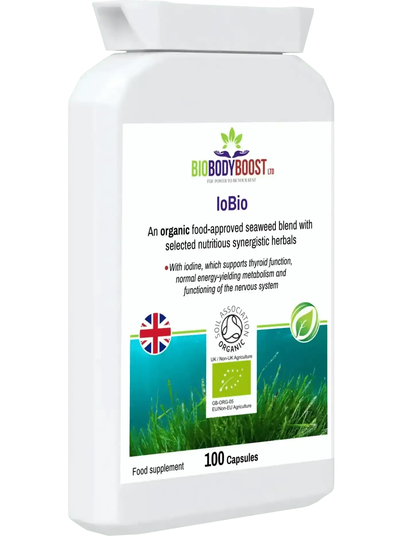 BioBodyBoost IoBio organic seaweed iodine UK — halal approved, vegan, gluten-free, UK made, cognitive function support