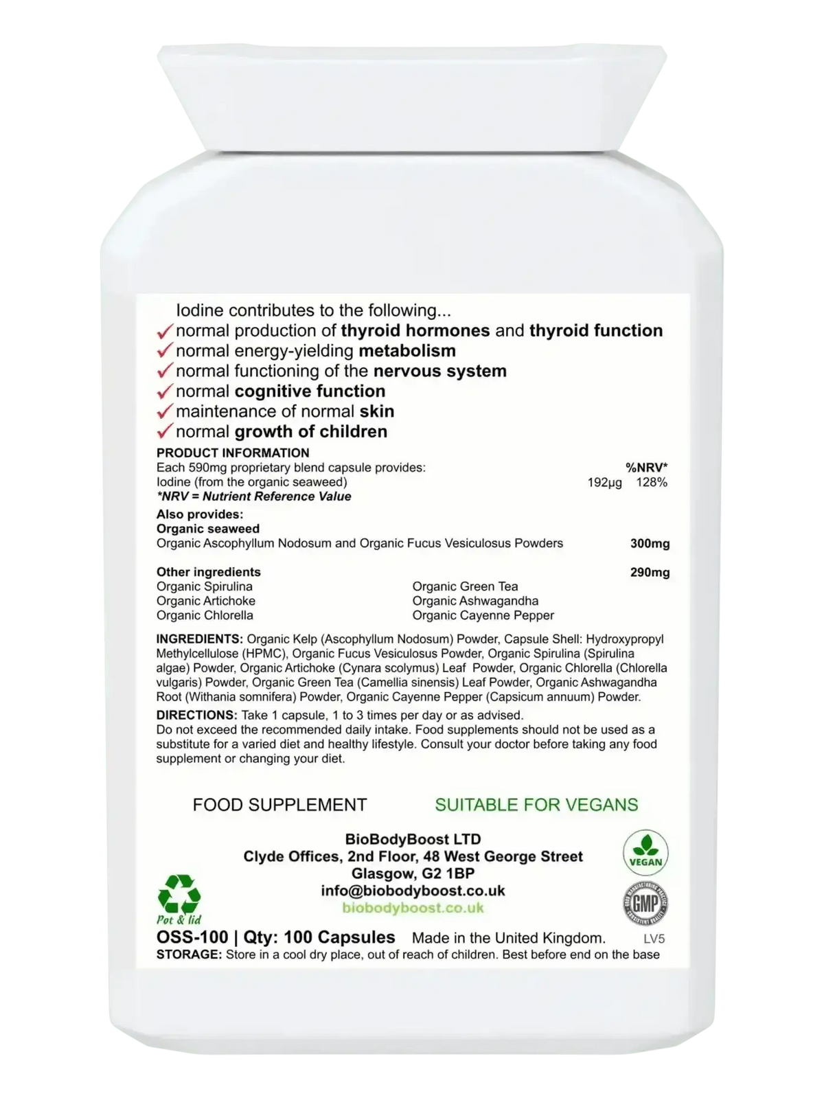 IoBio 100 vegan seaweed capsules UK — certified organic iodine supplement for energy metabolism, back label