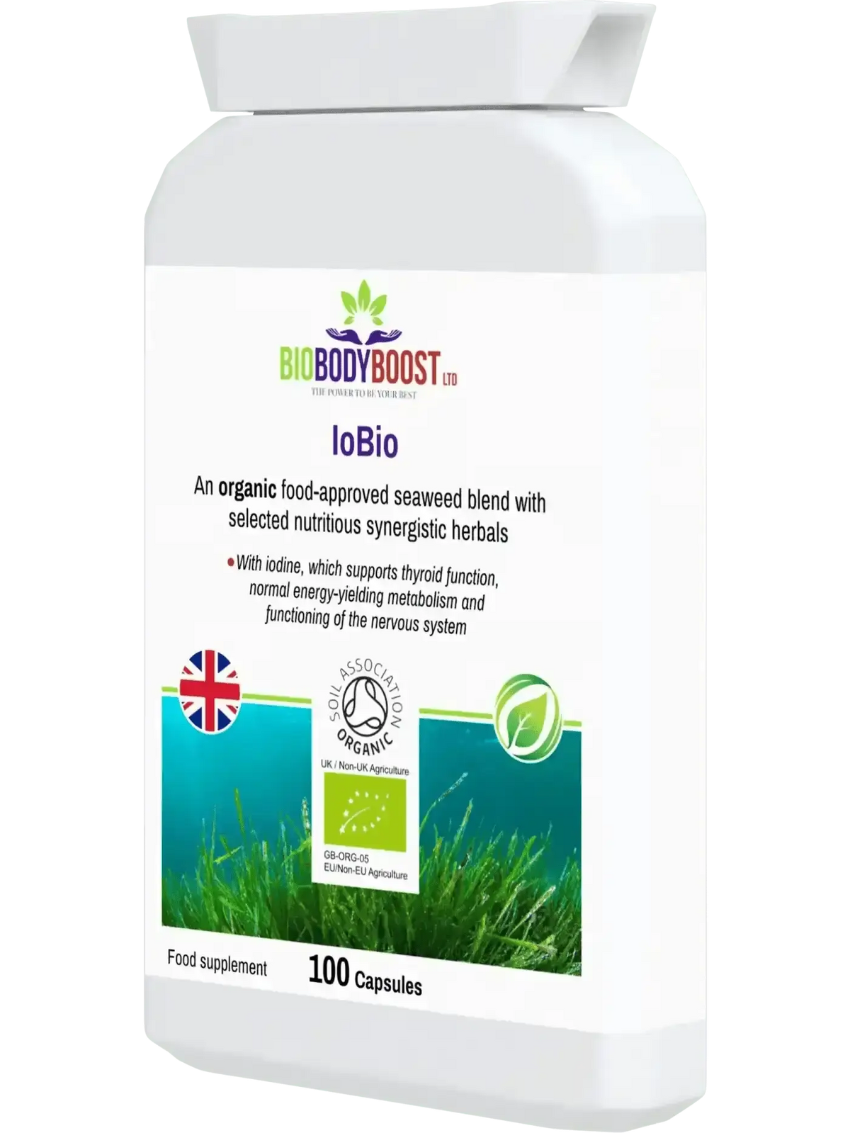 IoBio organic iodine supplement UK — food-form seaweed iodine for thyroid hormone production, side view