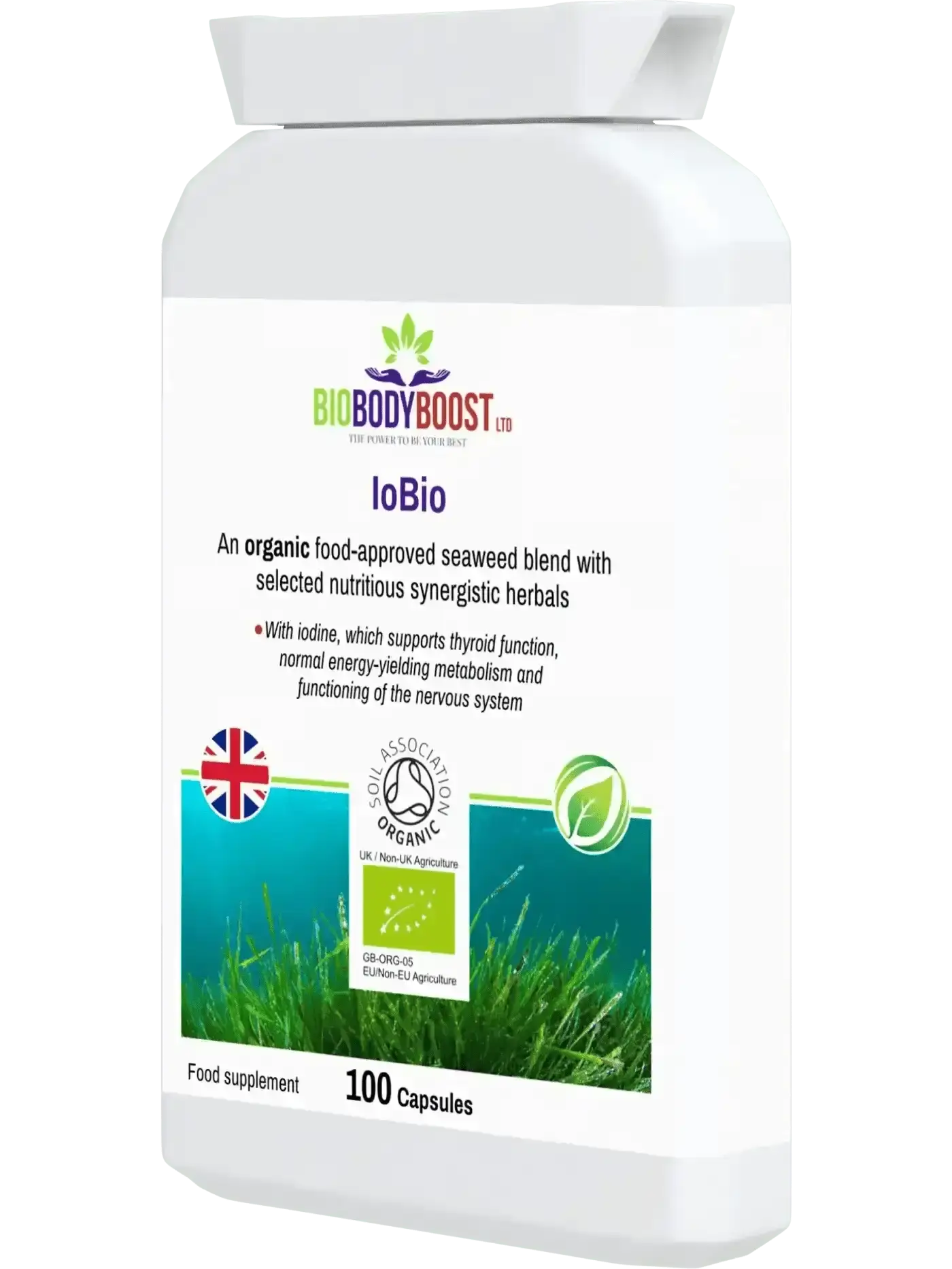 IoBio organic iodine supplement UK — food-form seaweed iodine for thyroid hormone production, side view