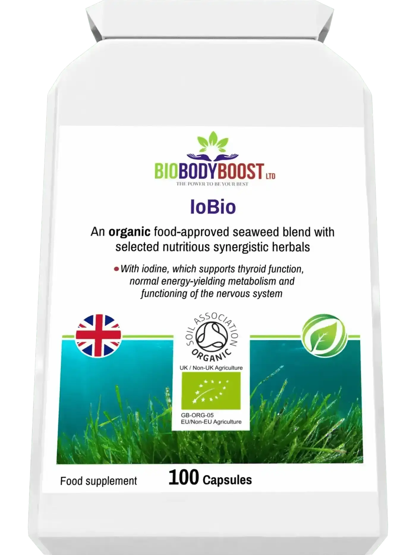 IoBio organic seaweed iodine lifestyle shot UK — BioBodyBoost thyroid support supplement, 100 capsules