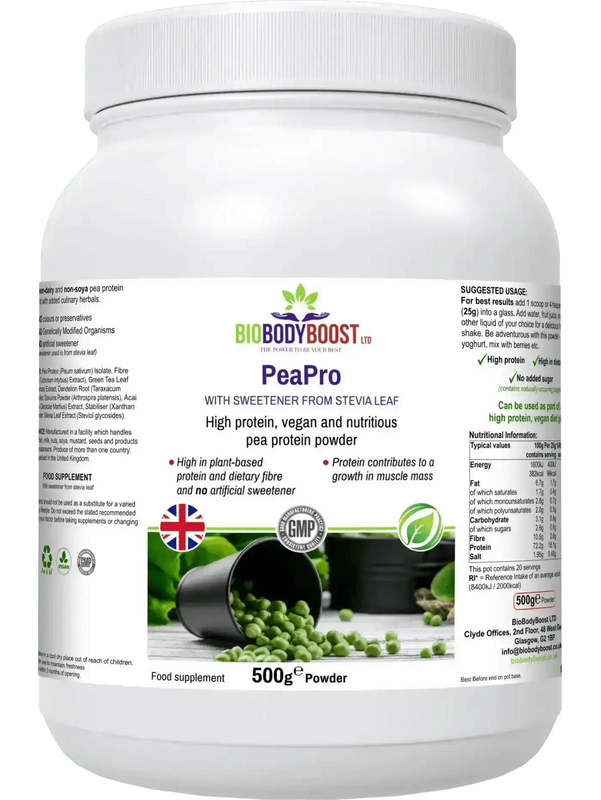 PeaPro 500g pea protein isolate UK — vegan BCAA-rich formula, back label with nutritional info