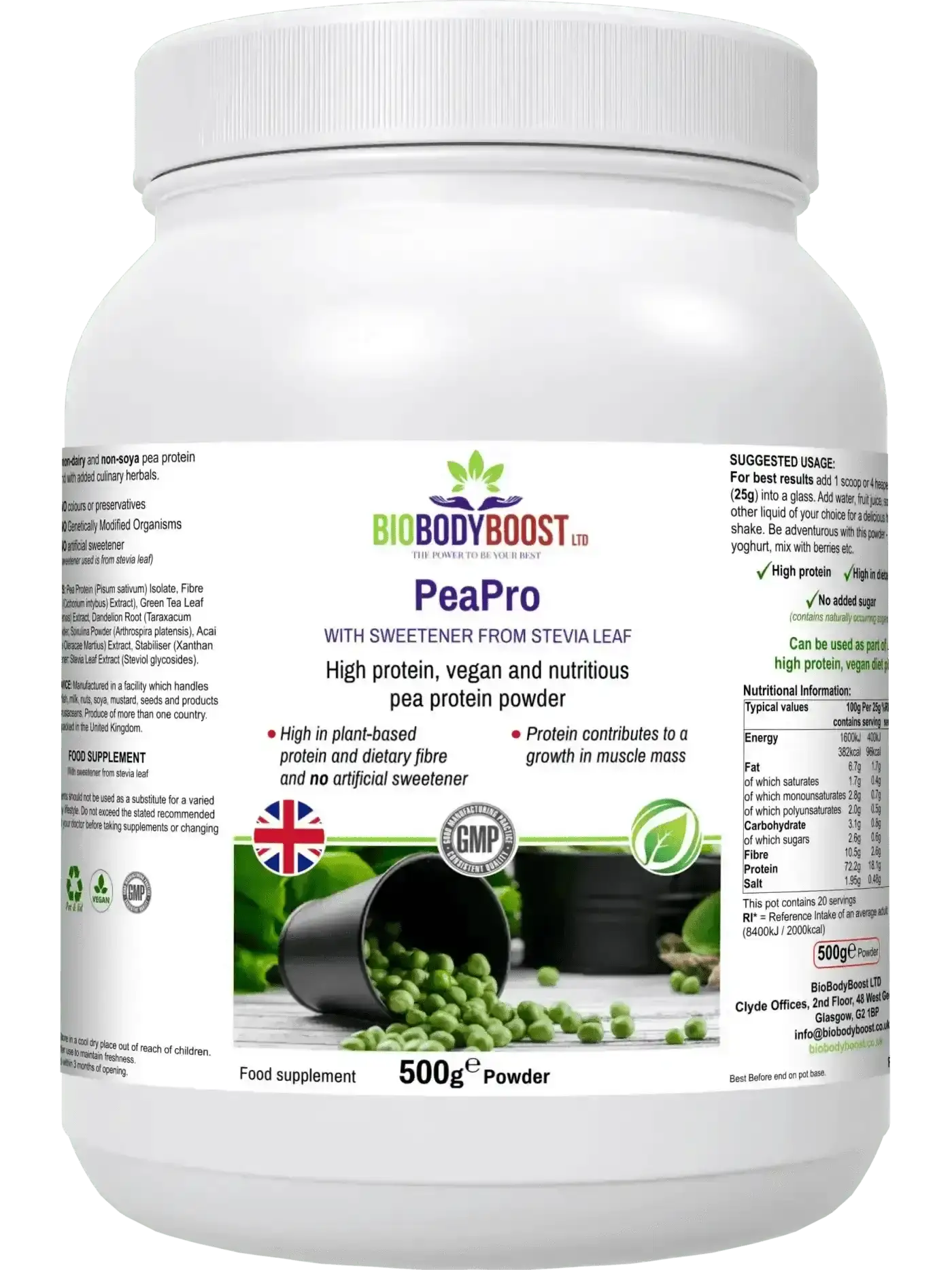 PeaPro 500g pea protein isolate UK — vegan BCAA-rich formula, back label with nutritional info