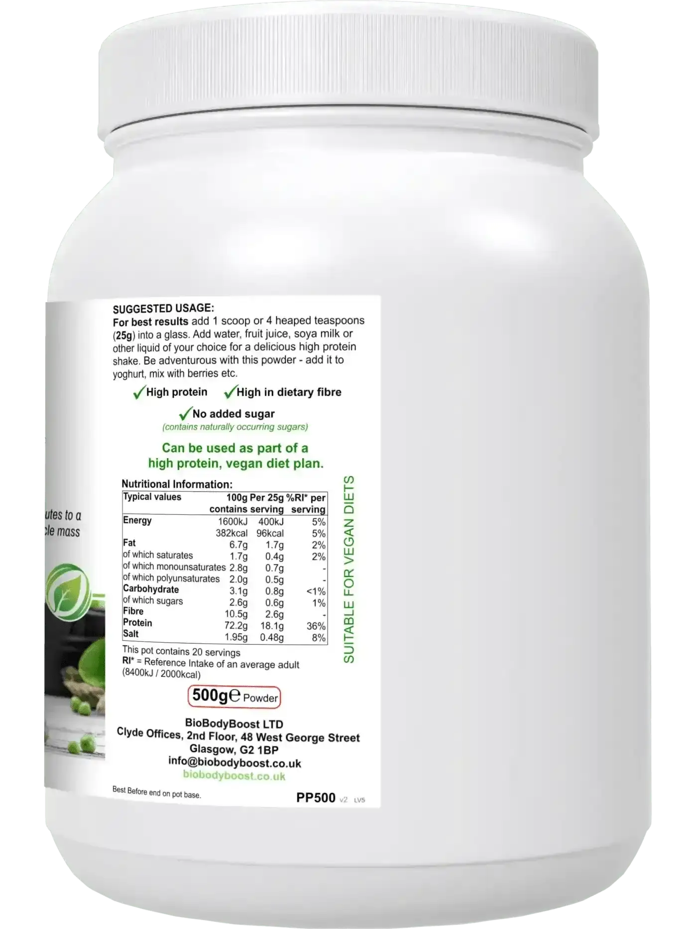 BioBodyBoost PeaPro pea protein UK — halal approved, dairy-free, soy-free, gluten-free, UK made, side view