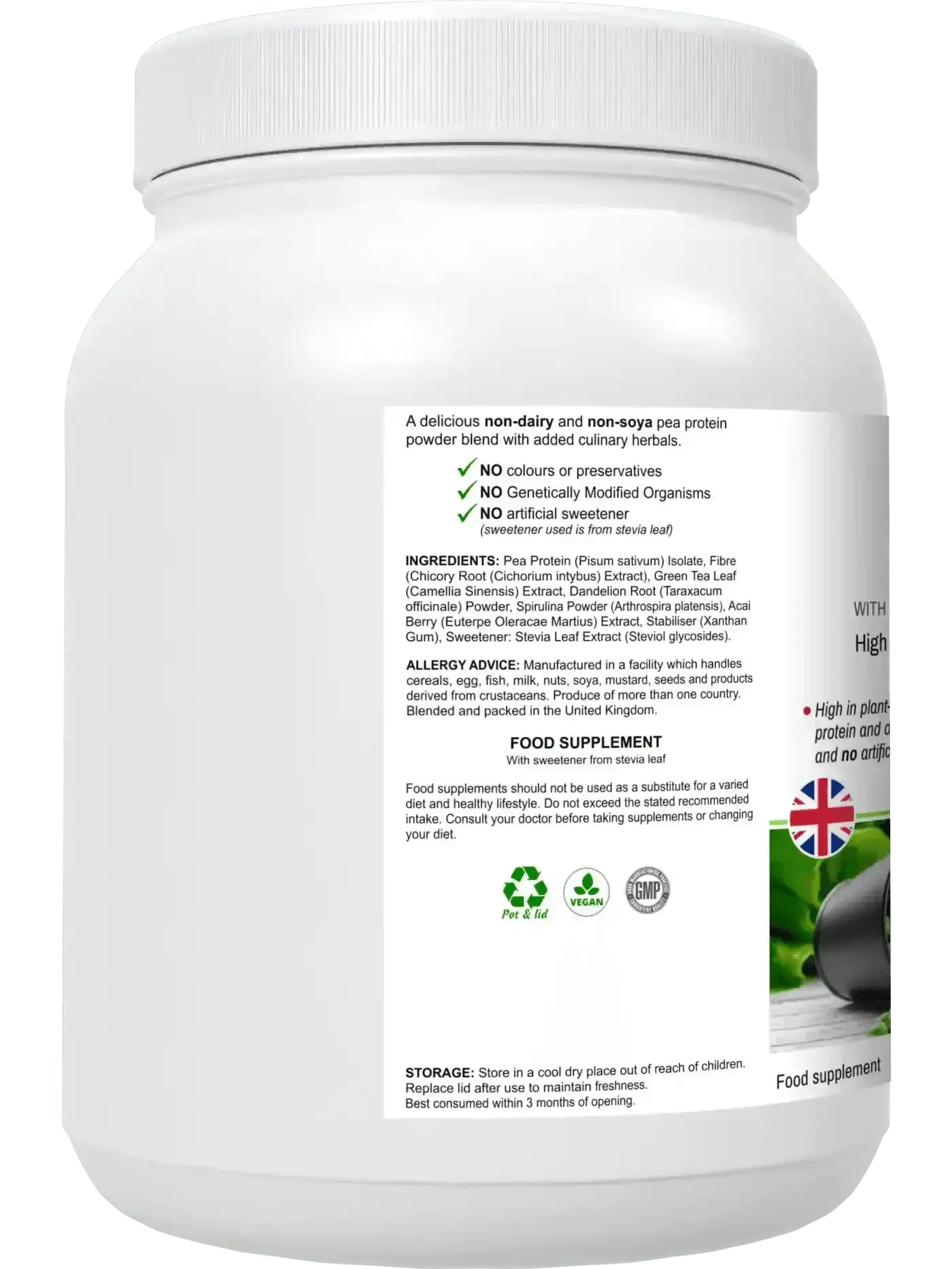 PeaPro vegan plant protein lifestyle shot UK — naturally sweetened, no artificial sweeteners, 20 servings, muscle support