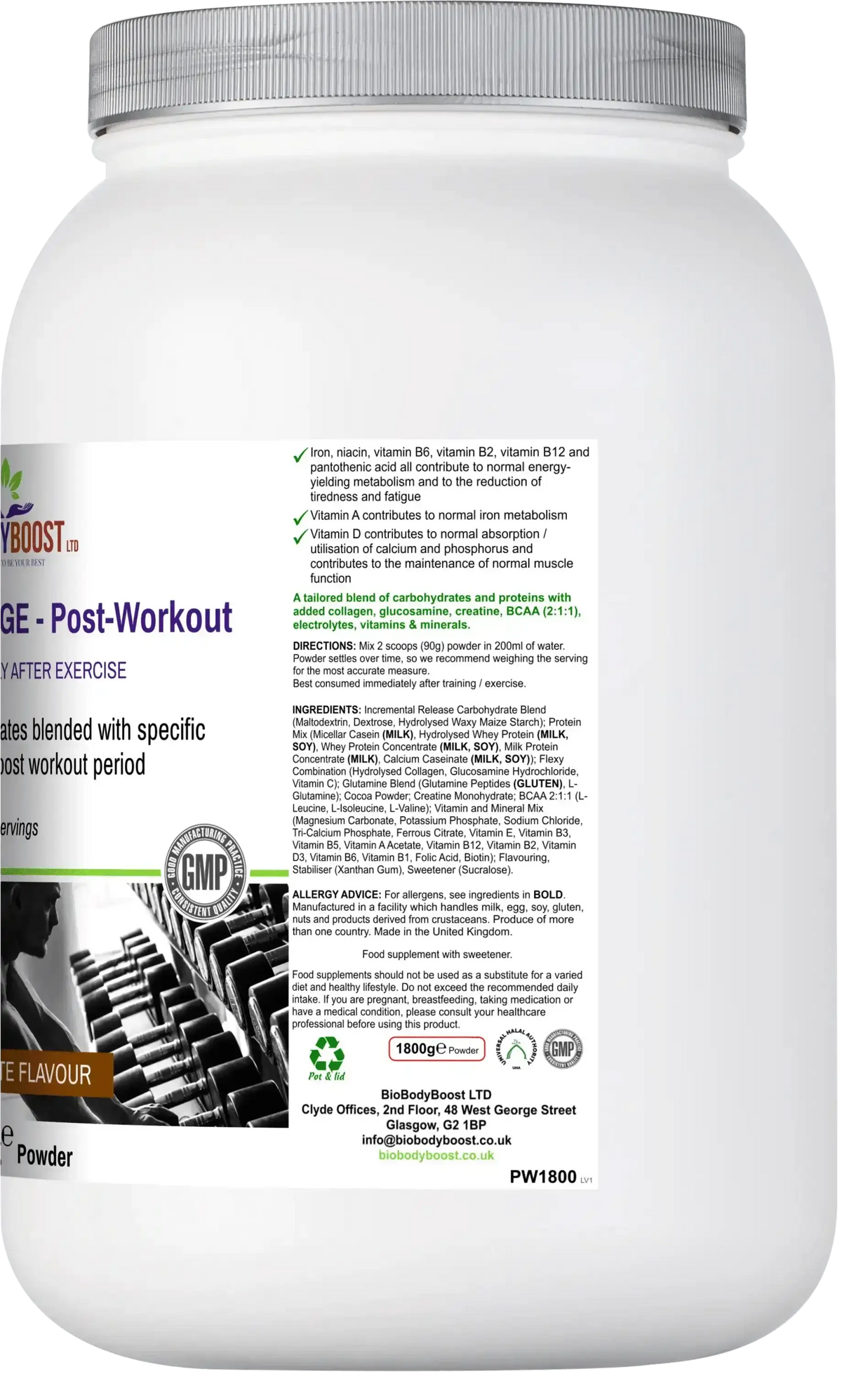 Post-Workout Recovery Shake UK — collagen and glucosamine joint support included, halal certified, 20 servings per tub
