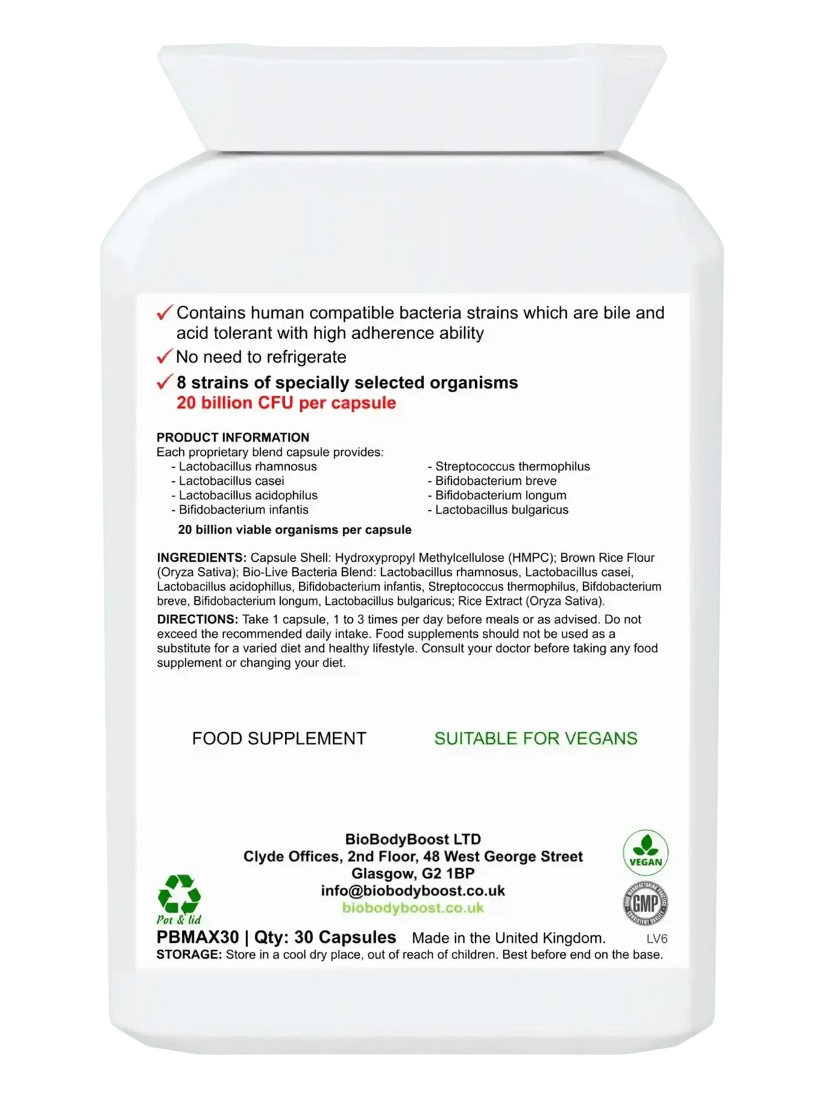BioTic 20 Billion 30 vegan probiotic capsules UK — Lactobacillus and Bifidobacterium high-potency formula, back label