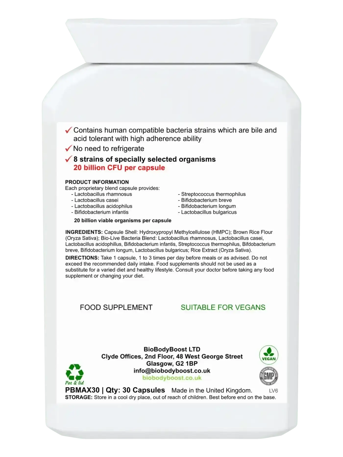 BioTic 20 Billion 30 vegan probiotic capsules UK — Lactobacillus and Bifidobacterium high-potency formula, back label