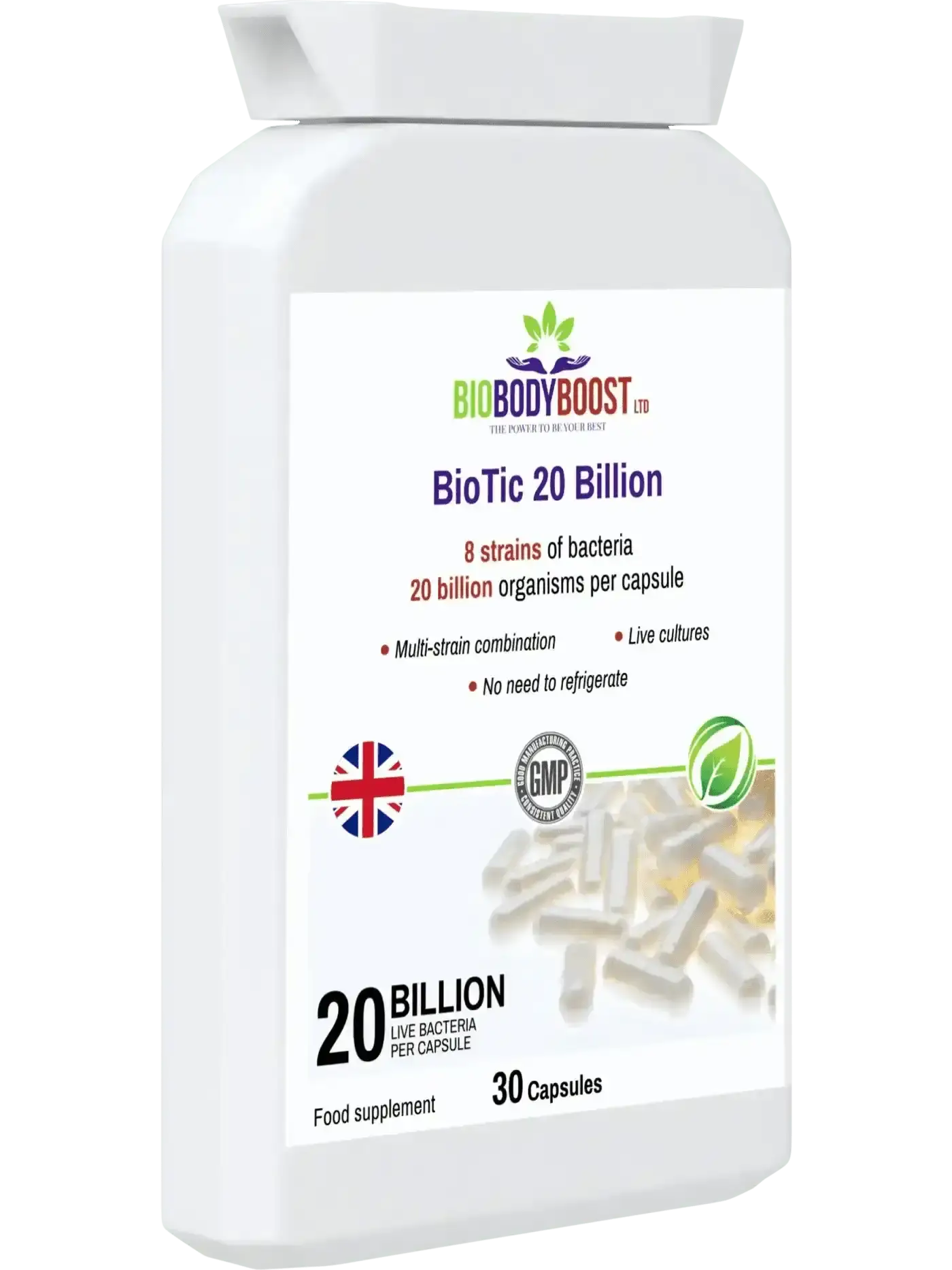 BioBodyBoost BioTic 20 Billion UK — halal approved, vegan, gluten-free, 8-strain intensive gut microbiome support