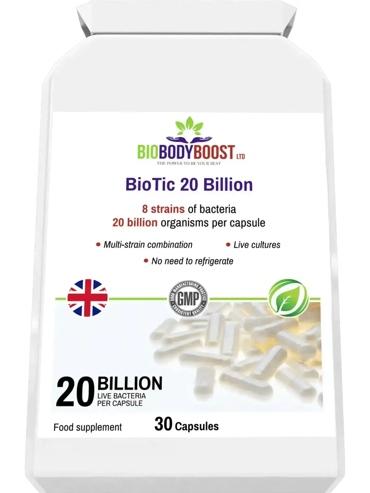 BioTic 20 Billion vegan probiotic lifestyle shot UK — BioBodyBoost high-strength gut health formula, 30 capsules