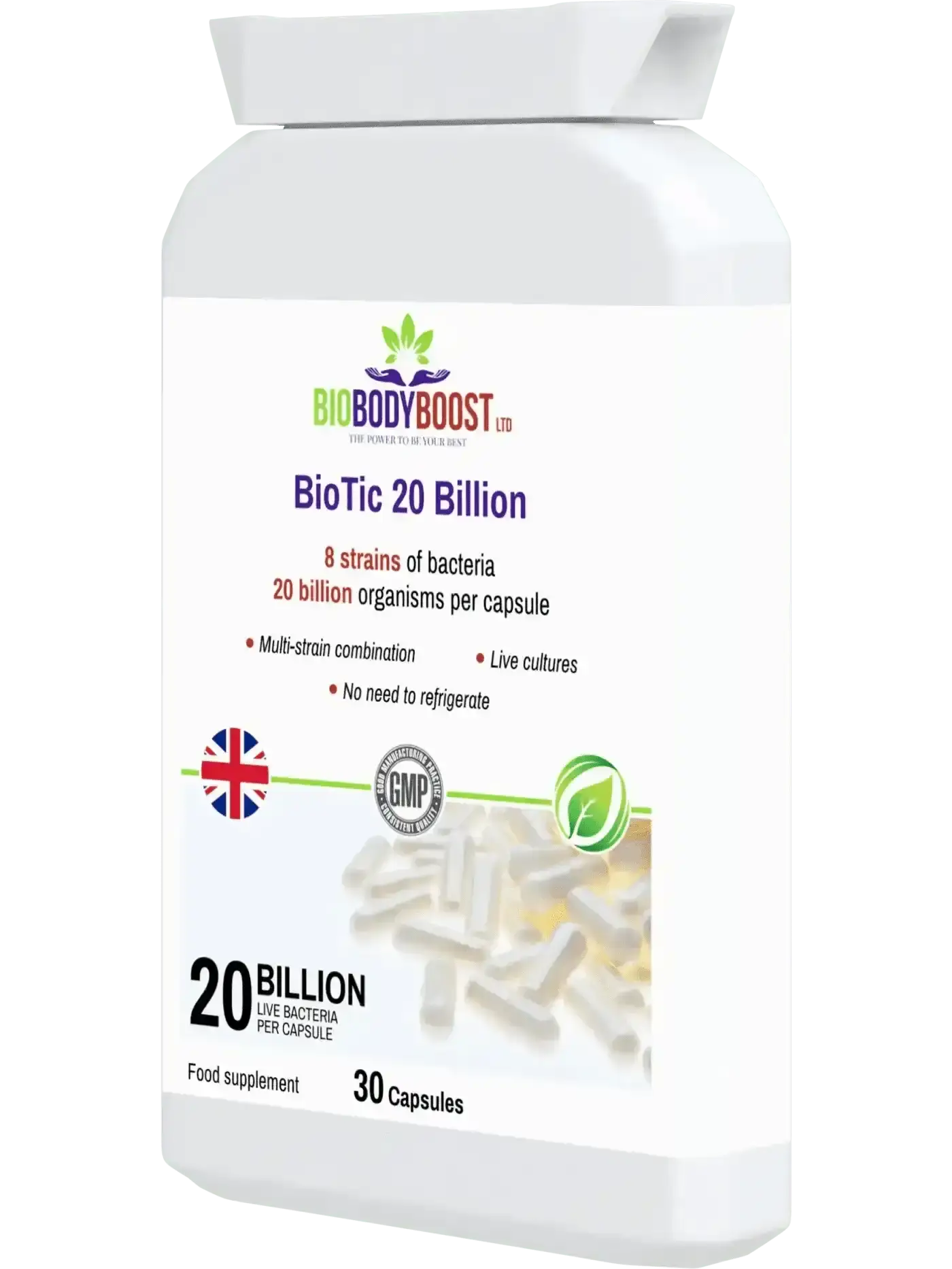 BioTic 20 Billion high-potency probiotic UK — post-antibiotic gut restoration formula, acid and bile tolerant strains, side view