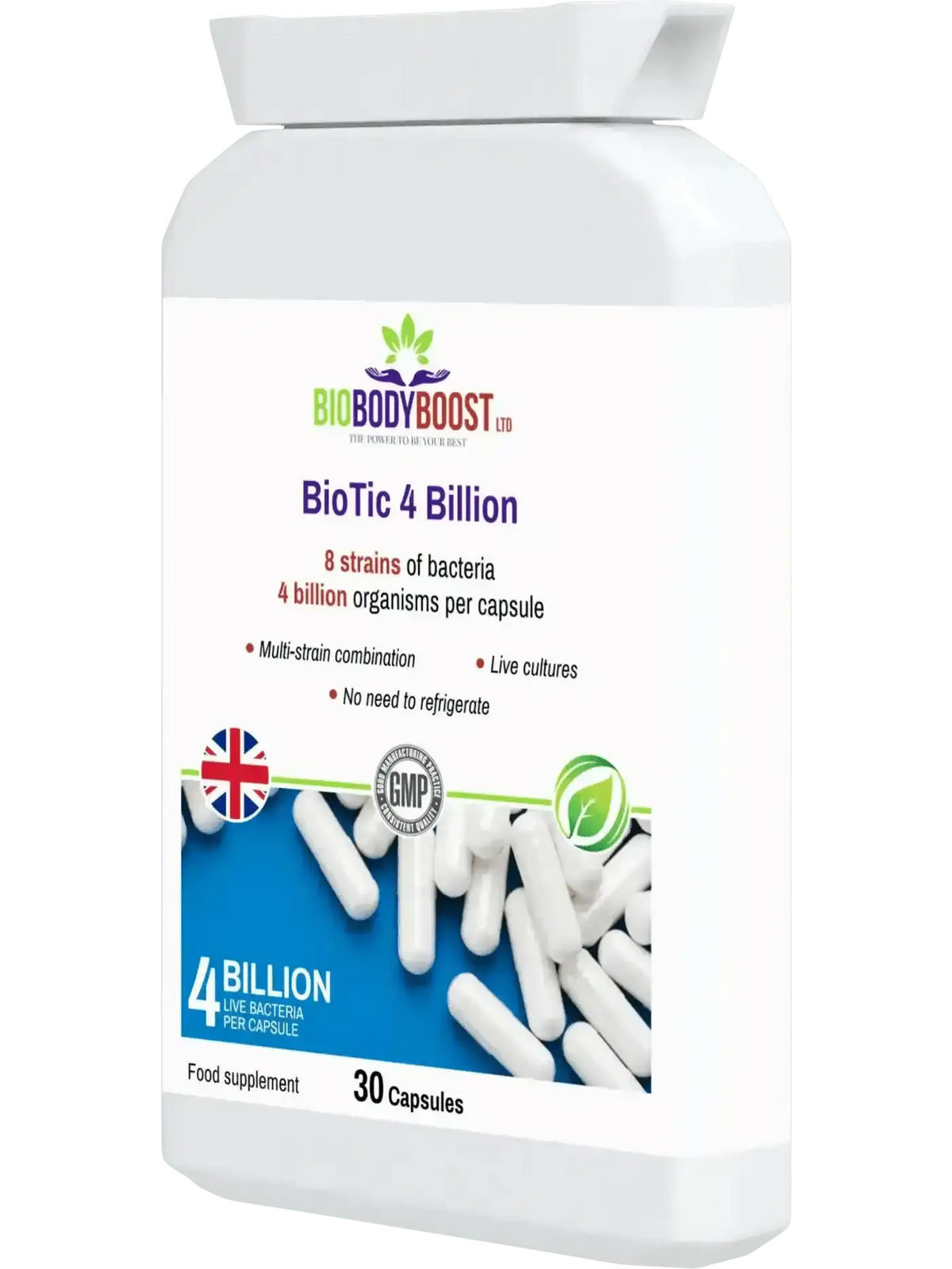 BioTic 4 Billion multi-strain probiotic UK — Lactobacillus and Bifidobacterium formula for gut microbiome, side view