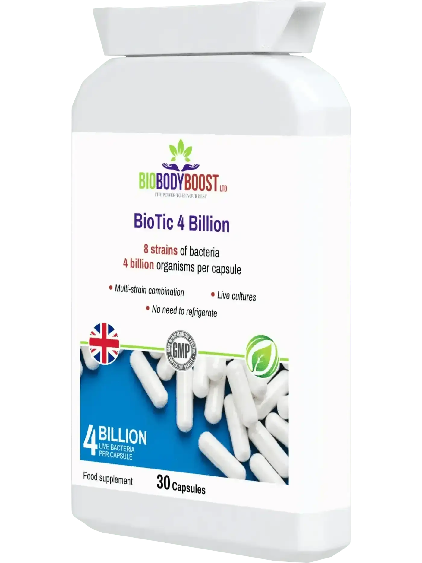 BioTic 4 Billion multi-strain probiotic UK — Lactobacillus and Bifidobacterium formula for gut microbiome, side view