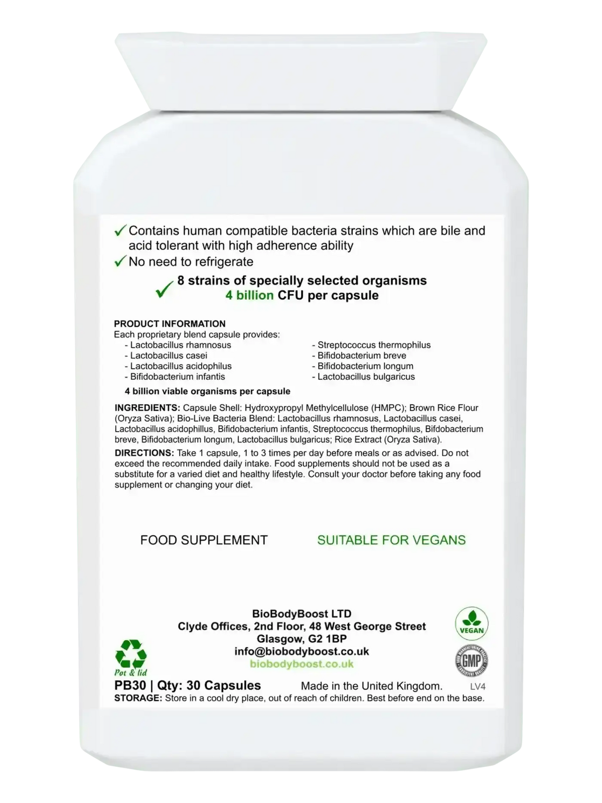BioTic 4 Billion 30 vegan probiotic capsules UK — acid and bile tolerant bacterial strains, back label with ingredients