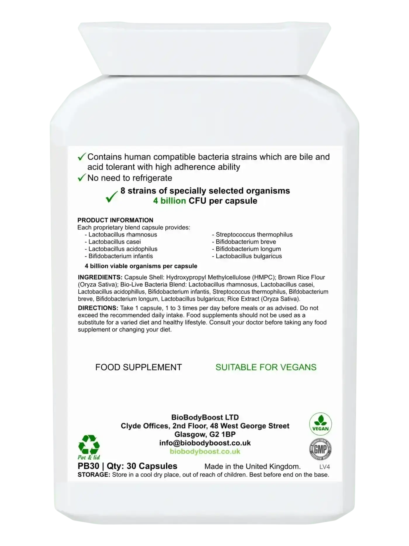 BioTic 4 Billion 30 vegan probiotic capsules UK — acid and bile tolerant bacterial strains, back label with ingredients