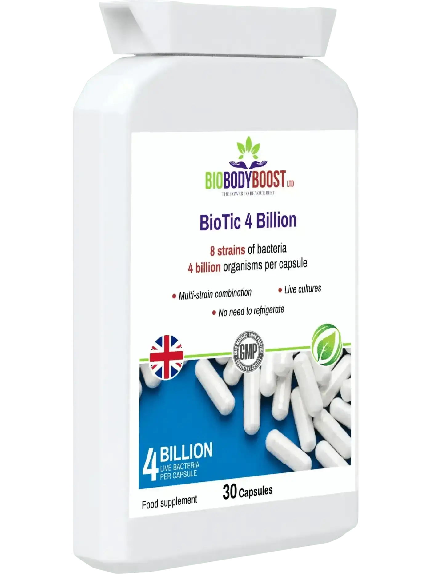 BioBodyBoost BioTic 4 Billion probiotic UK — halal approved, vegan HPMC capsule, gluten-free, UK made, digestive health