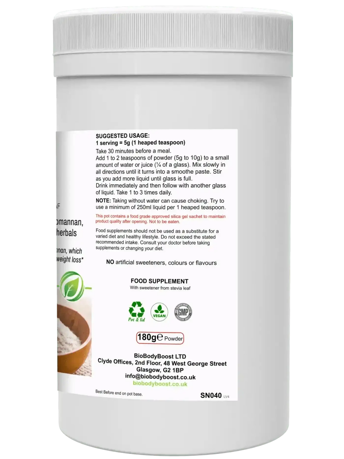 BioSlim 180g gut health fibre powder UK — glucomannan EFSA weight loss claim, fennel and peppermint formula, back label