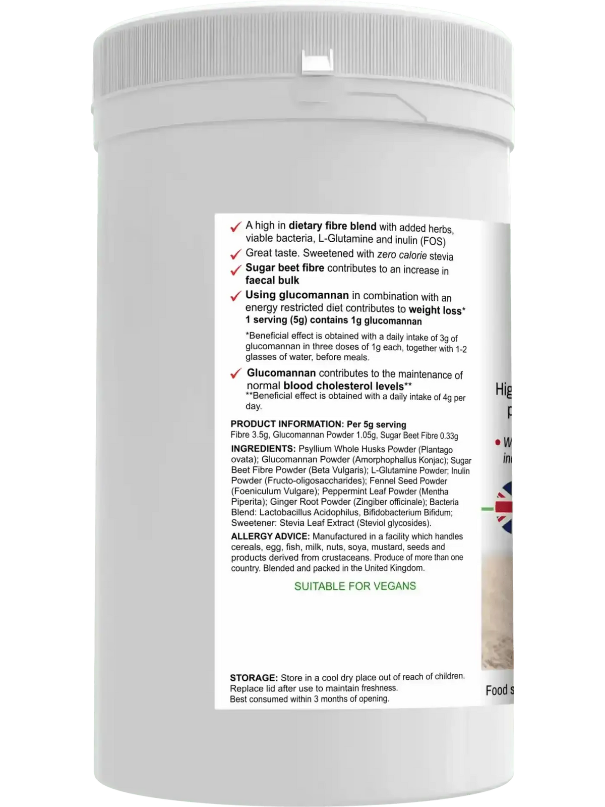 BioBodyBoost BioSlim high-fibre supplement UK — naturally sweetened psyllium and glucomannan powder, side view