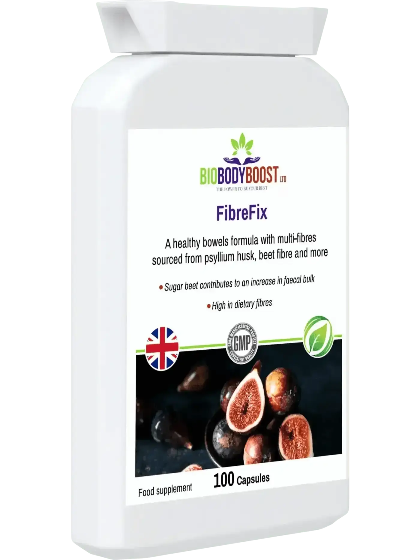 BioBodyBoost FibreFix fibre supplement UK — halal approved, vegan HPMC capsule, gluten-free, UK made