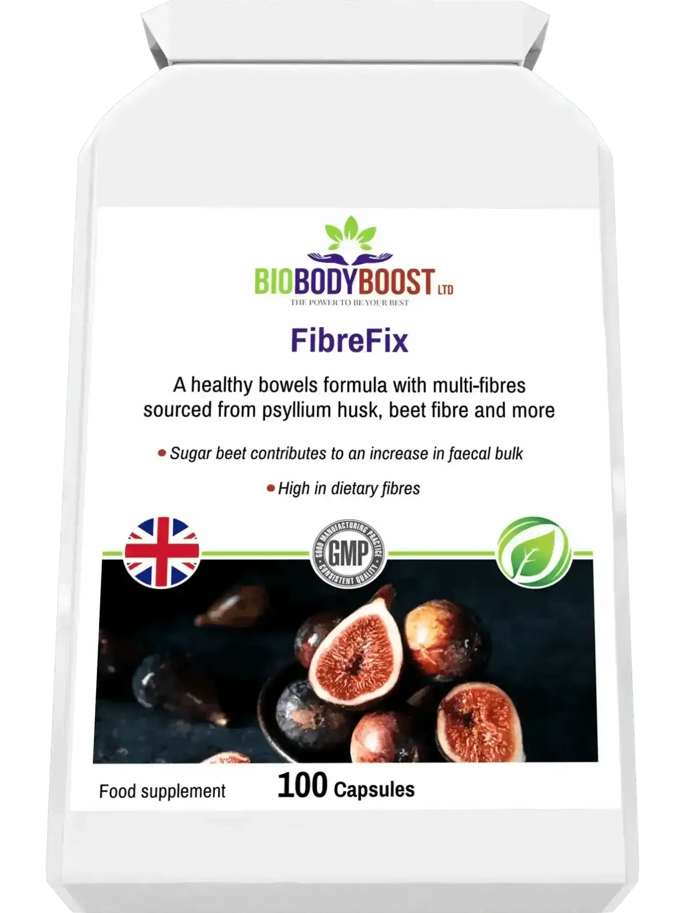 FibreFix psyllium husk supplement lifestyle shot UK — BioBodyBoost dual-fibre digestive health formula, 120 caps