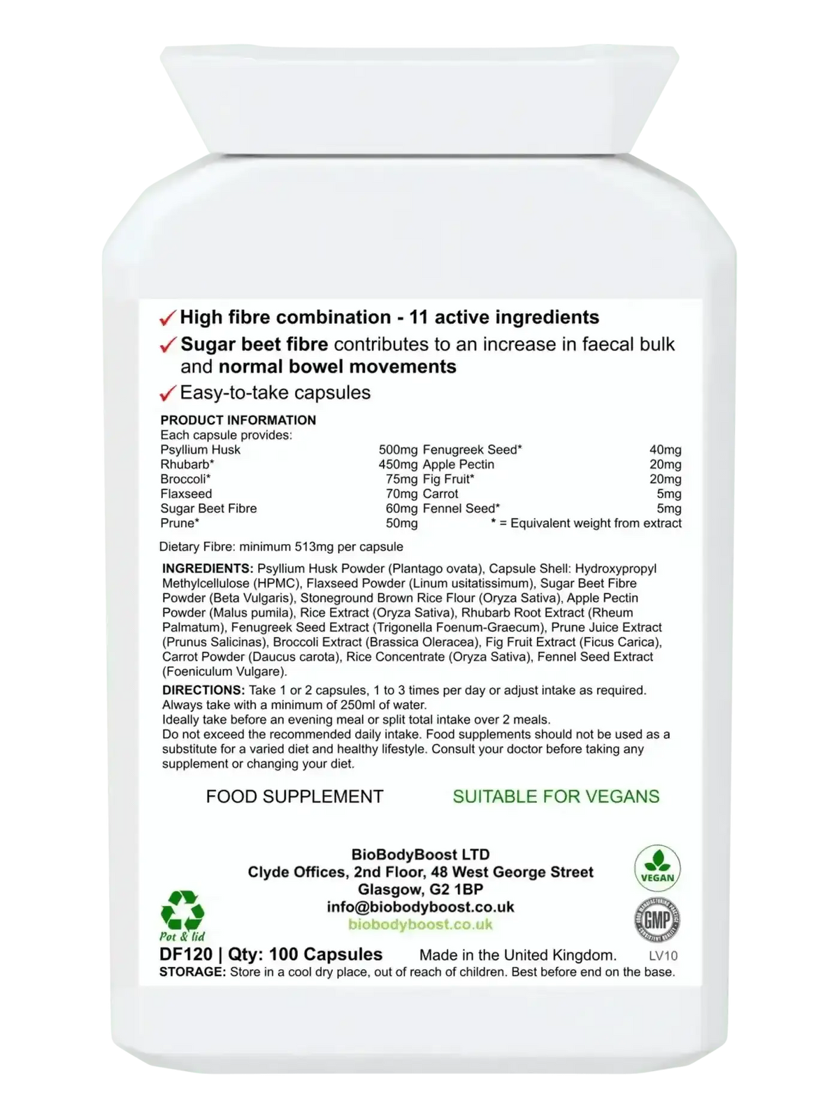 FibreFix 120 vegan fibre capsules UK — EU authorised faecal bulk claim, psyllium and sugar beet, back label