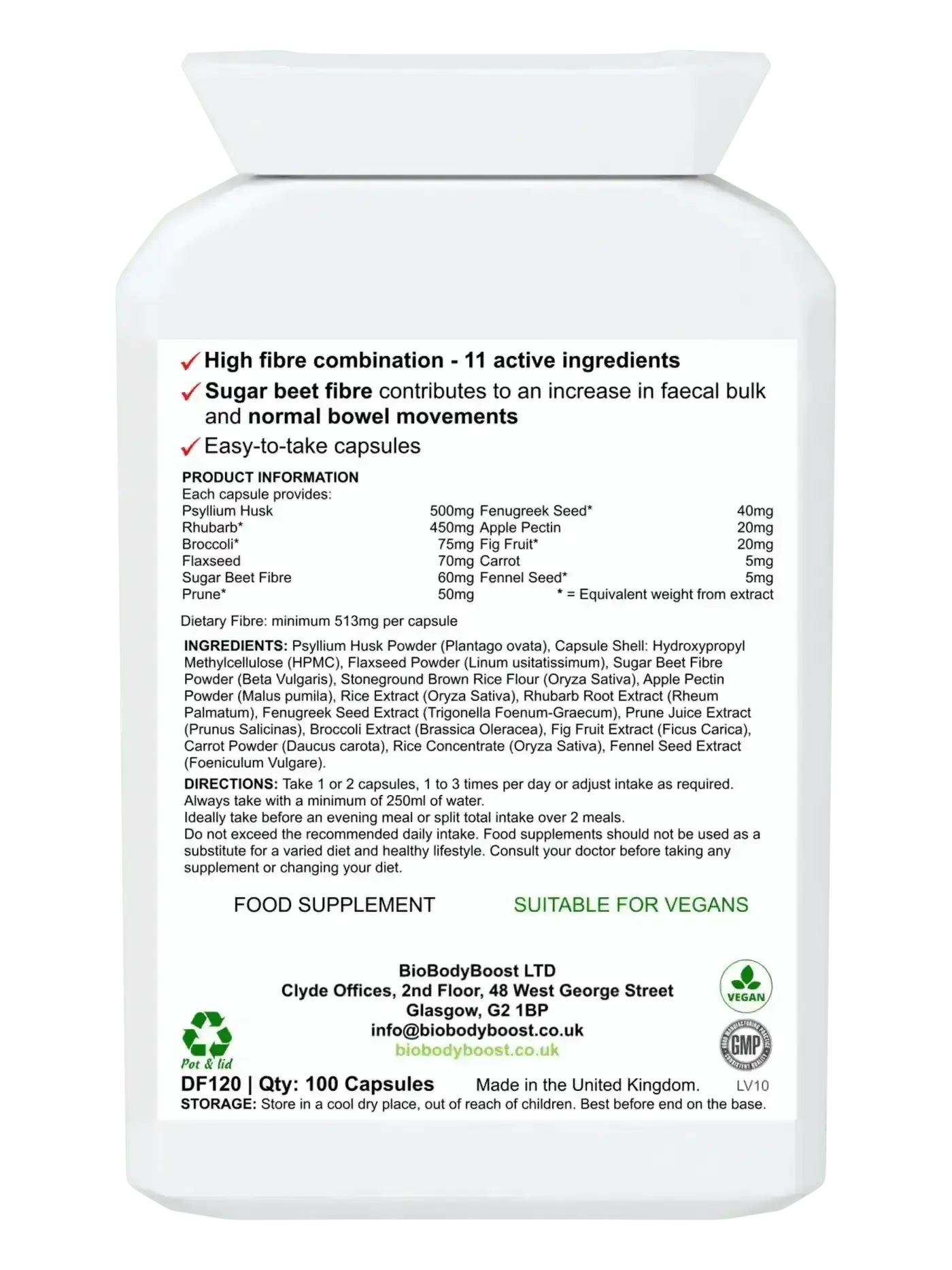 FibreFix 120 vegan fibre capsules UK — EU authorised faecal bulk claim, psyllium and sugar beet, back label