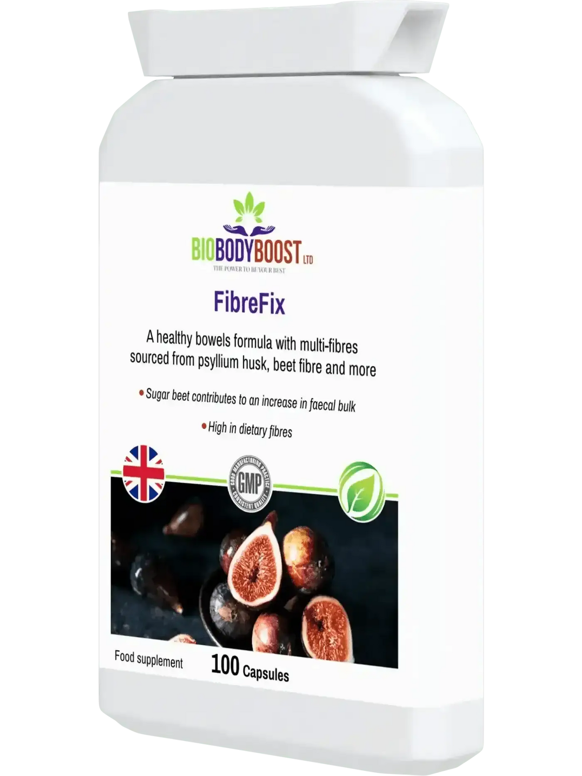 FibreFix psyllium fibre supplement UK — soluble and insoluble dual-fibre for IBS and gut health, side view