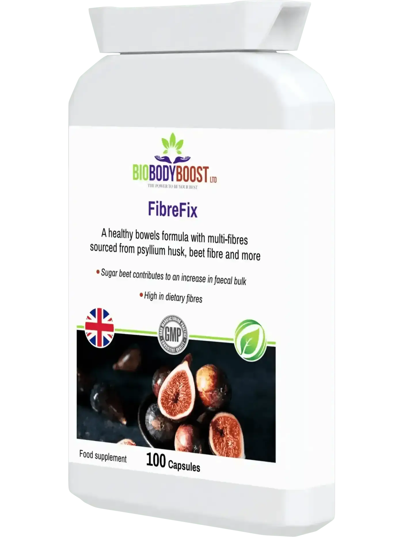 FibreFix psyllium fibre supplement UK — soluble and insoluble dual-fibre for IBS and gut health, side view