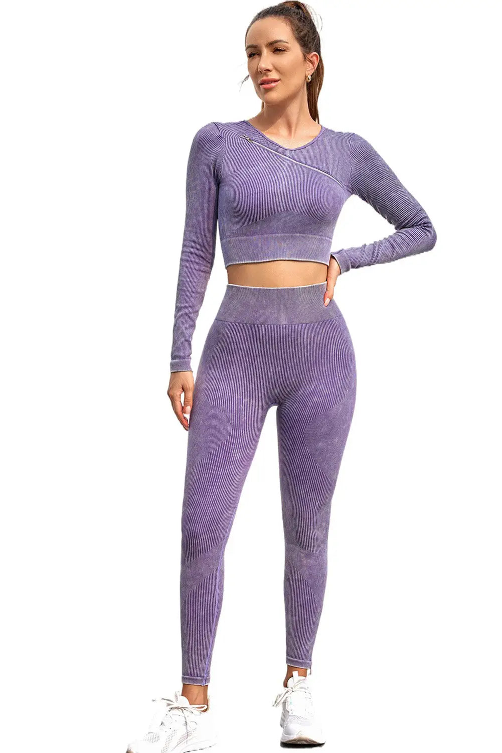 Purple Asymmetric Zipped Ribbed Long Sleeve Yoga Top