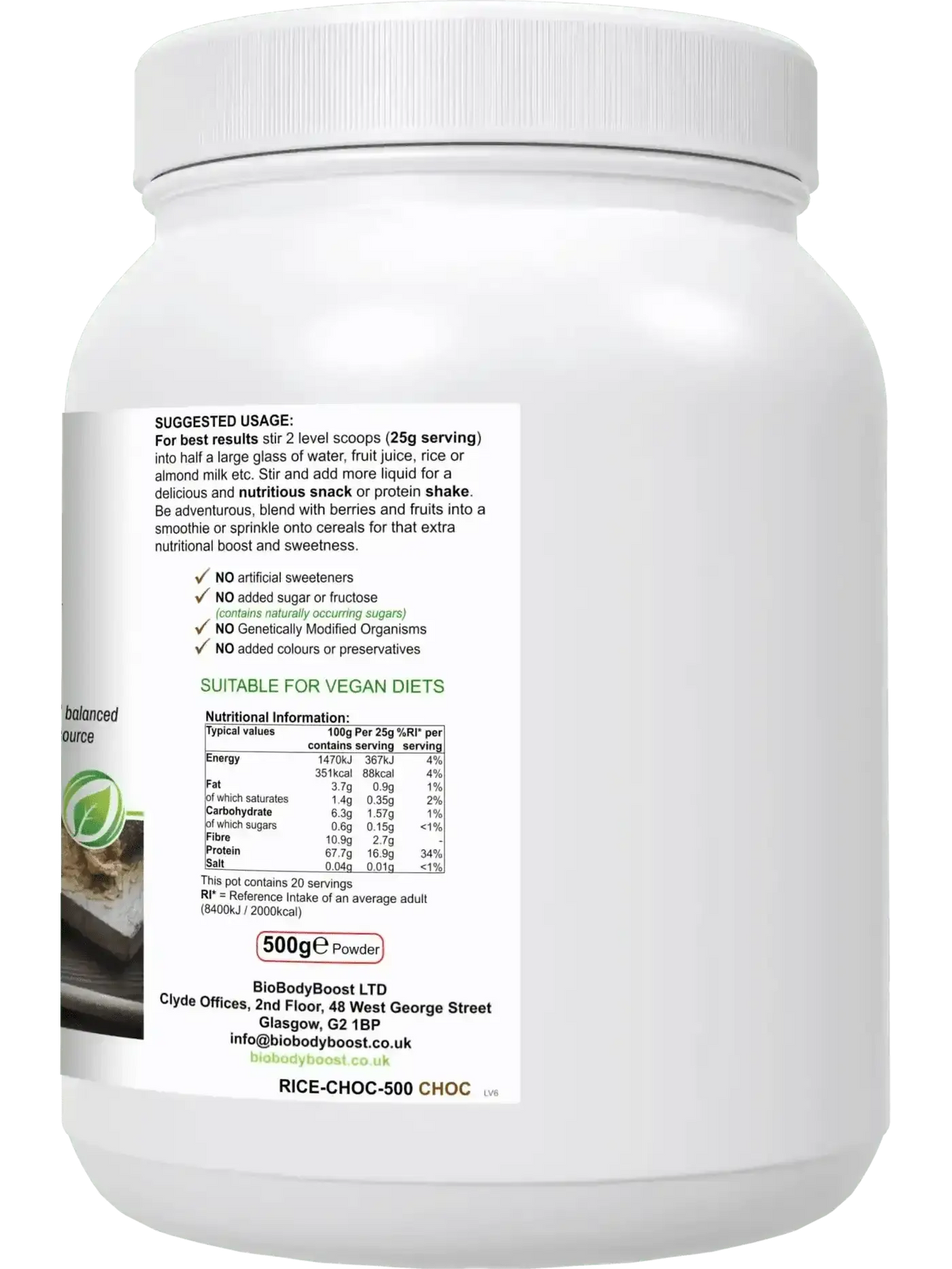 RicePro 500g vegan rice protein powder UK — 16.9g protein per serving, allergen-free, back label with nutritional info