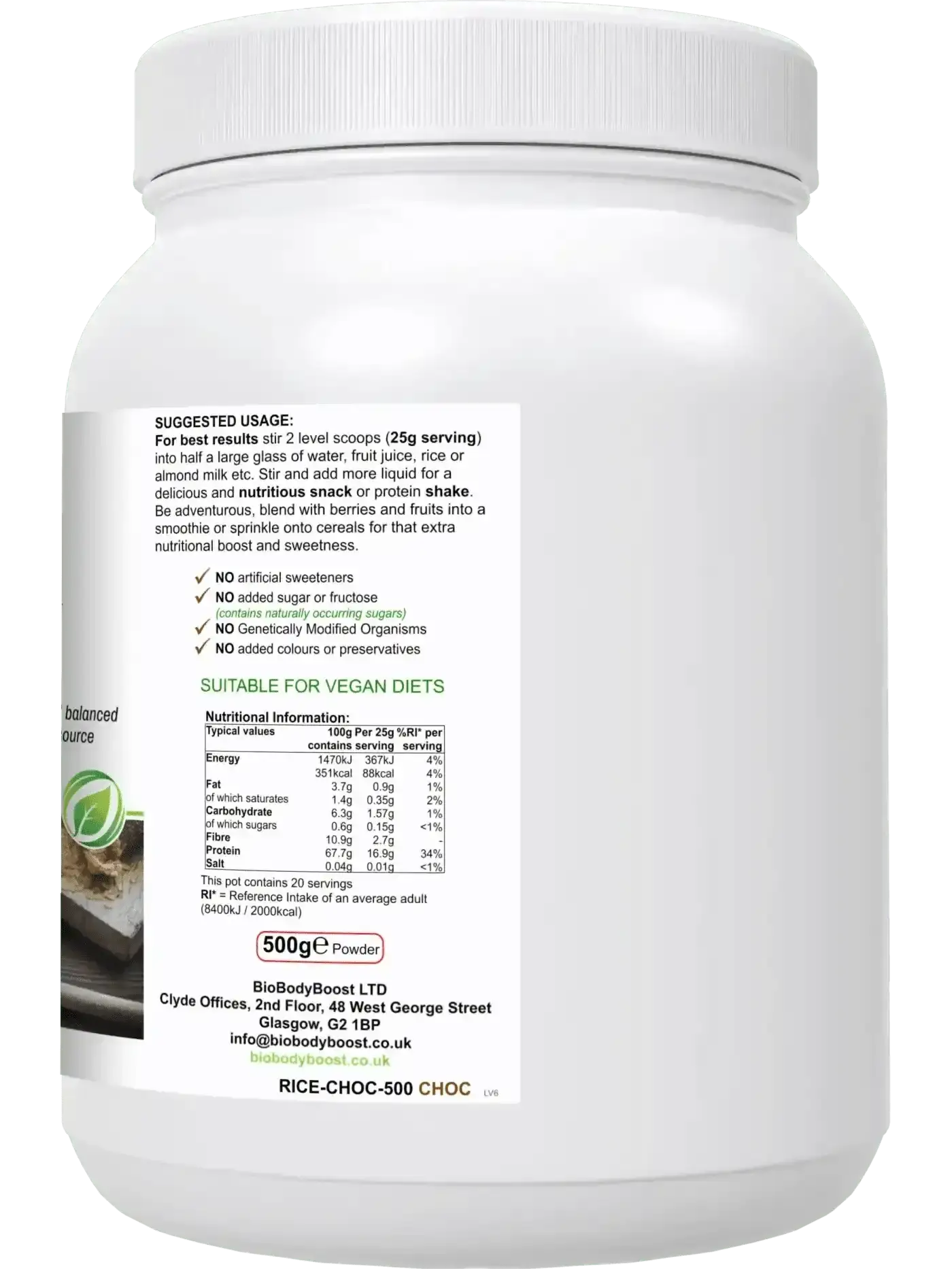 RicePro 500g vegan rice protein powder UK — 16.9g protein per serving, allergen-free, back label with nutritional info
