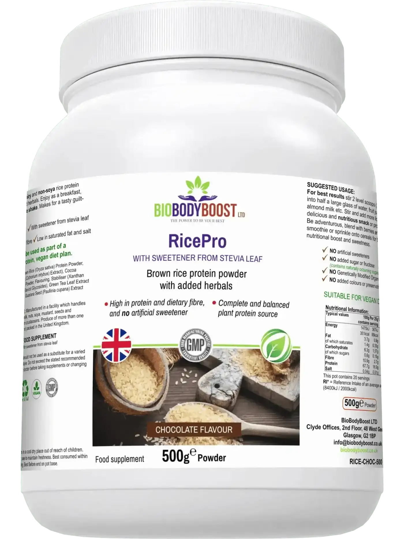 RicePro hypoallergenic protein powder lifestyle shot UK — natural sweetening, no artificial flavours, 20 servings
